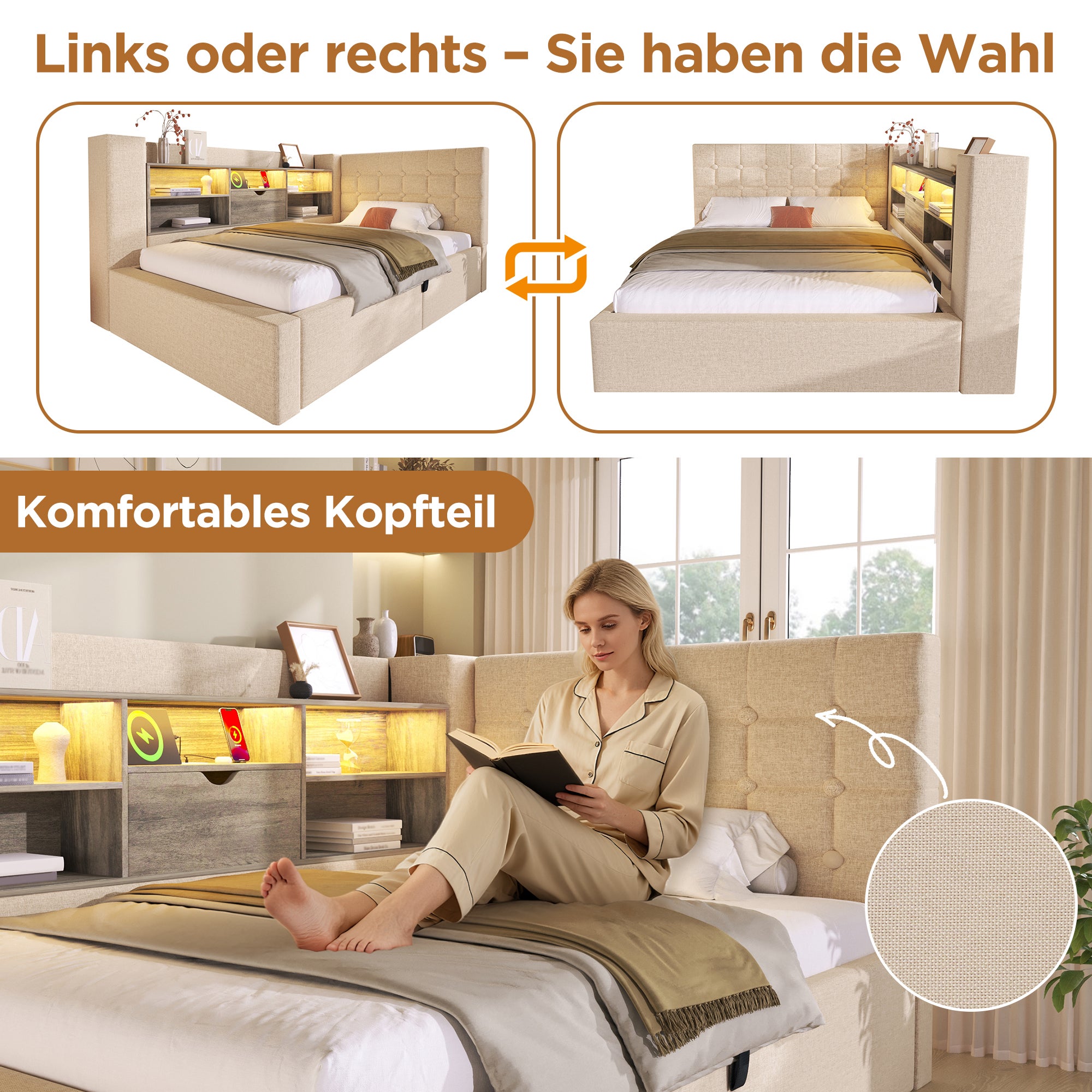 Łóżko z pojemnikiem 90 x 200 cm i 6 przegródkami – tkanina lniana – diody LED i porty USB – beżowe (materac nie jest dołączony) - 4