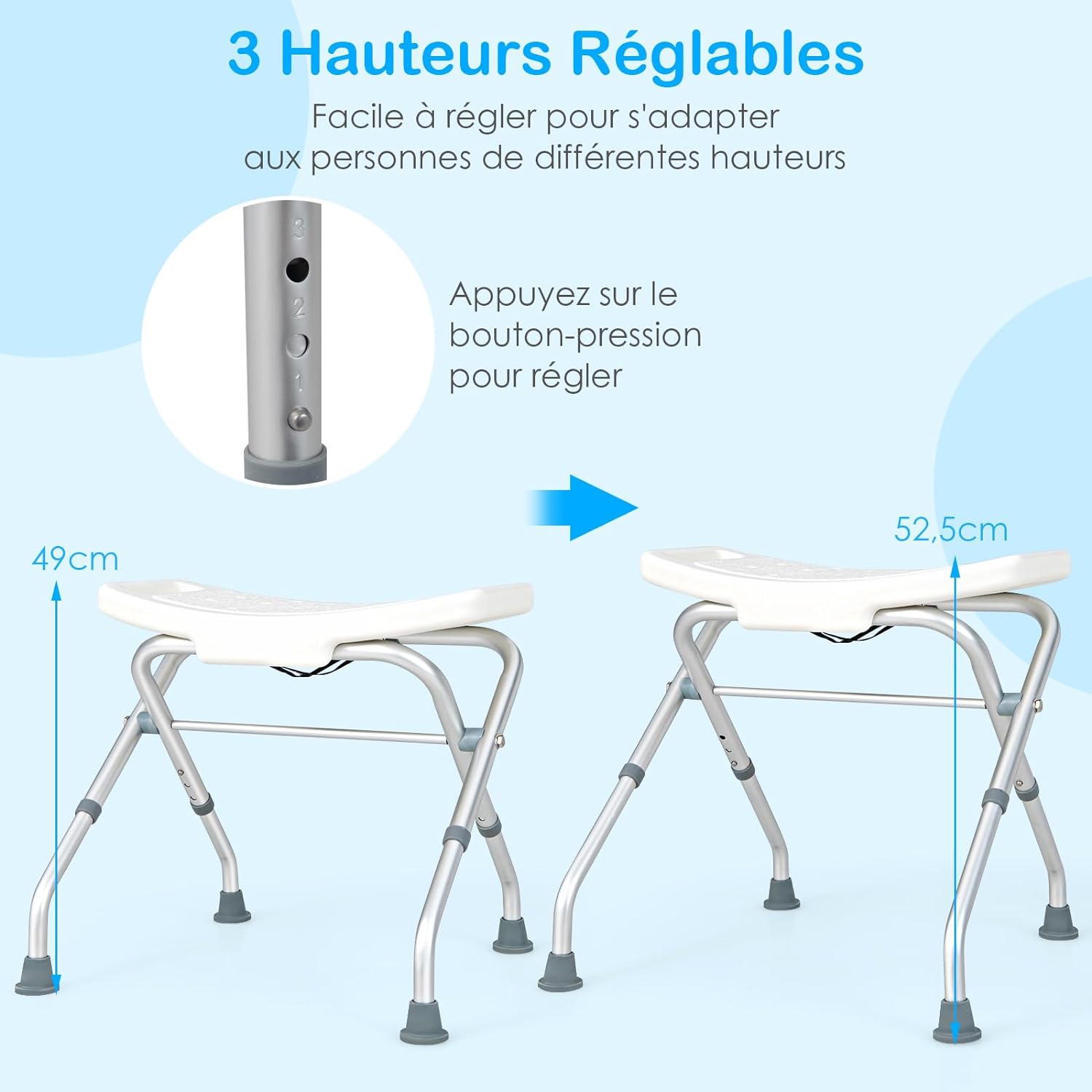 Tabouret de Douche Hauteur Réglable 49-52,5 cm, Chaise de Douche pour Personnes Agées Handicapées - 2