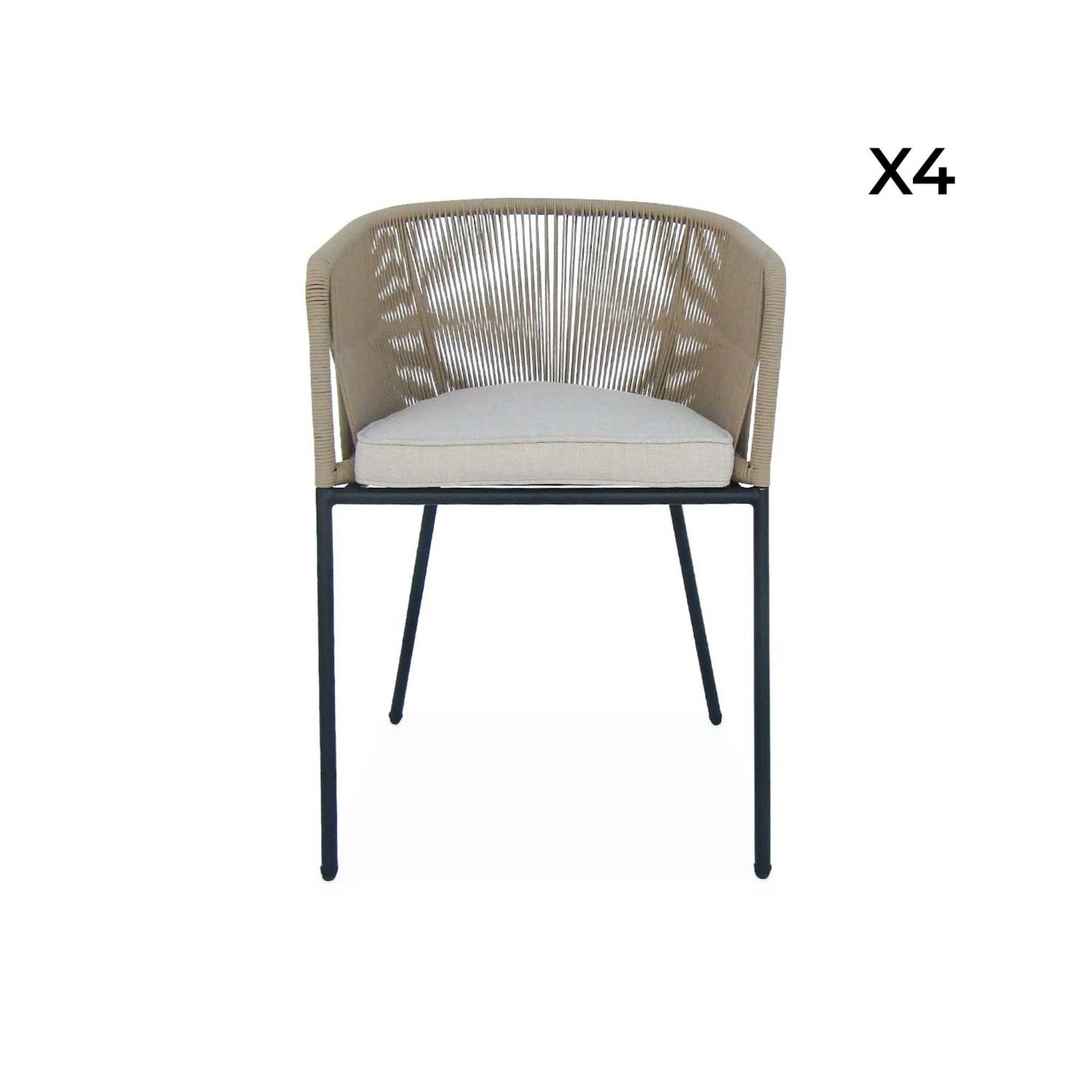 Lot de 4 fauteuils de jardin en corde beige et acier galvanisé. coussin beige SANTOS - 4