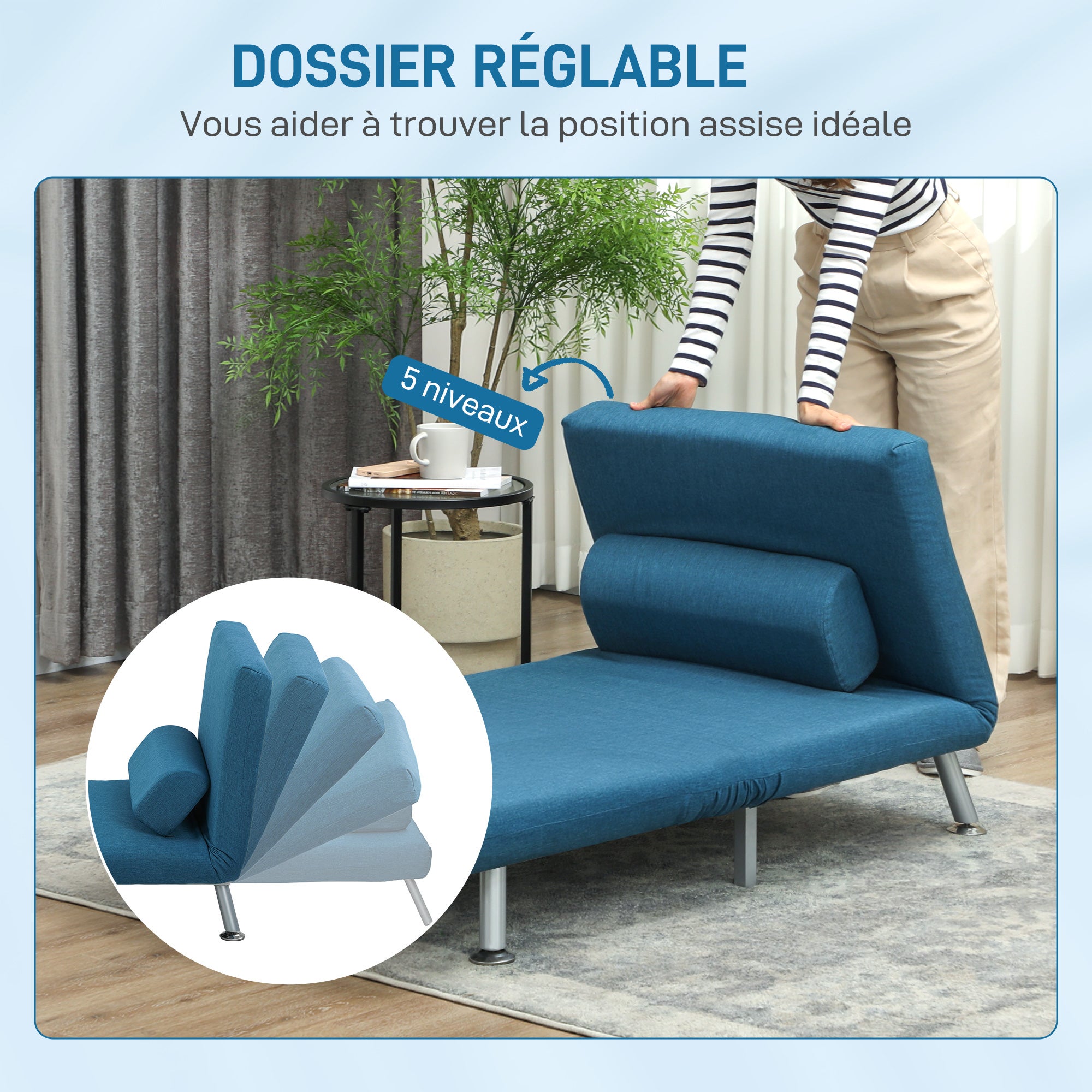 Fauteuil convertible 1 place tissu bleu HOMCOM - 5