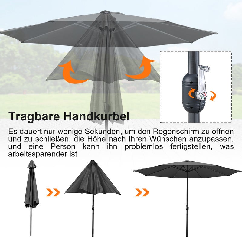 Parasol Ø350CM - Hauteur et Angle Réglables - Système de Manivelle, Gris, Parasol de plage - 4