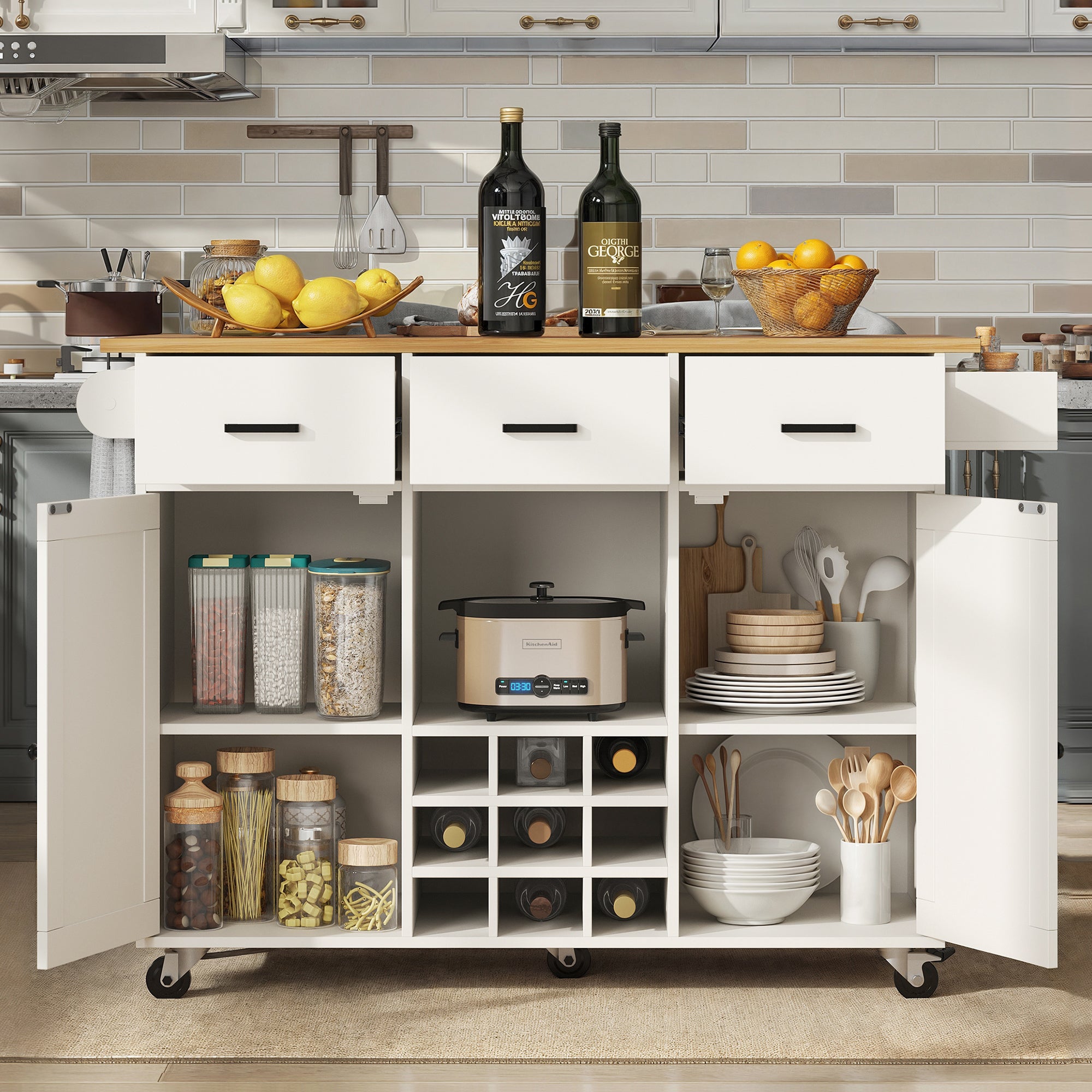 Ilot central de cuisine - chariot à roulette avec plateau extensible - 3 tiroirs et 2 portes - Blanc - 4