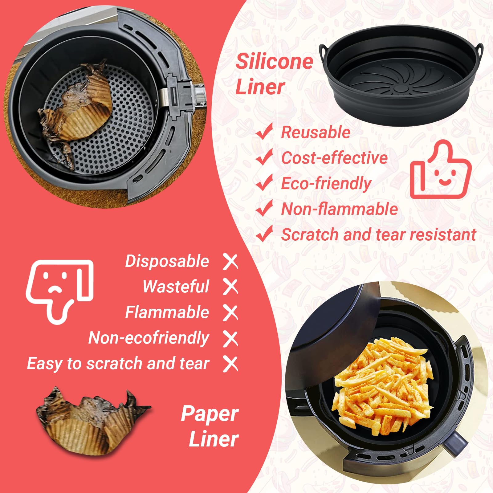 Cestello friggitrice ad aria teglia in silicone (+ spruzzatore di olio) accessori friggitrice ad aria contenitore cosori 5 5,5 L - Facile da lavare - drenaggio olio 20 cm