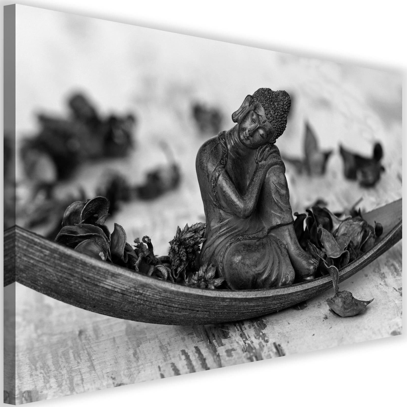 Obraz na płótnie, Budda i płatki kwiatów - czarno-biały 60x40