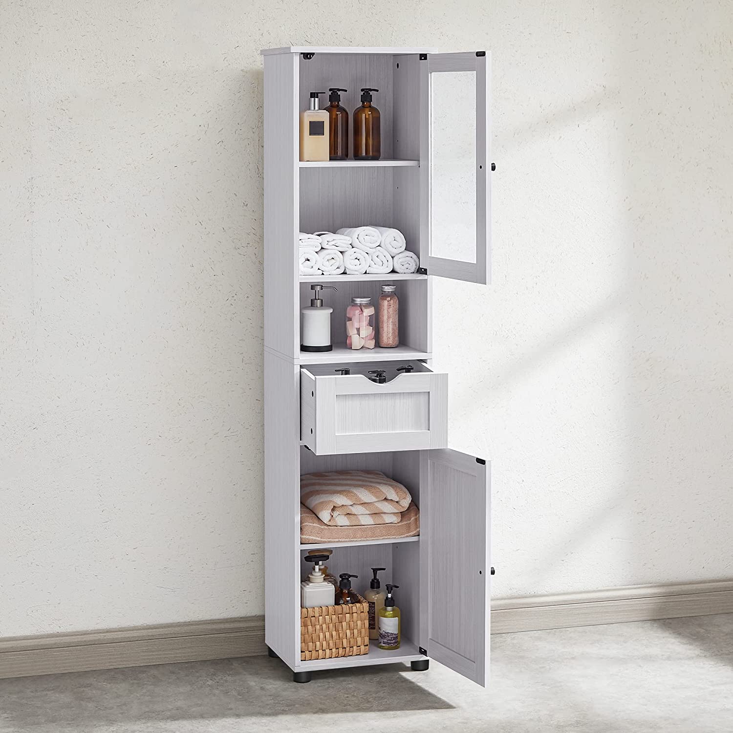 Armoire De Salle De Bain à Porte, Tiroir, Compartiment, 40 x 30 x 165 cm, Blanc érable - 3