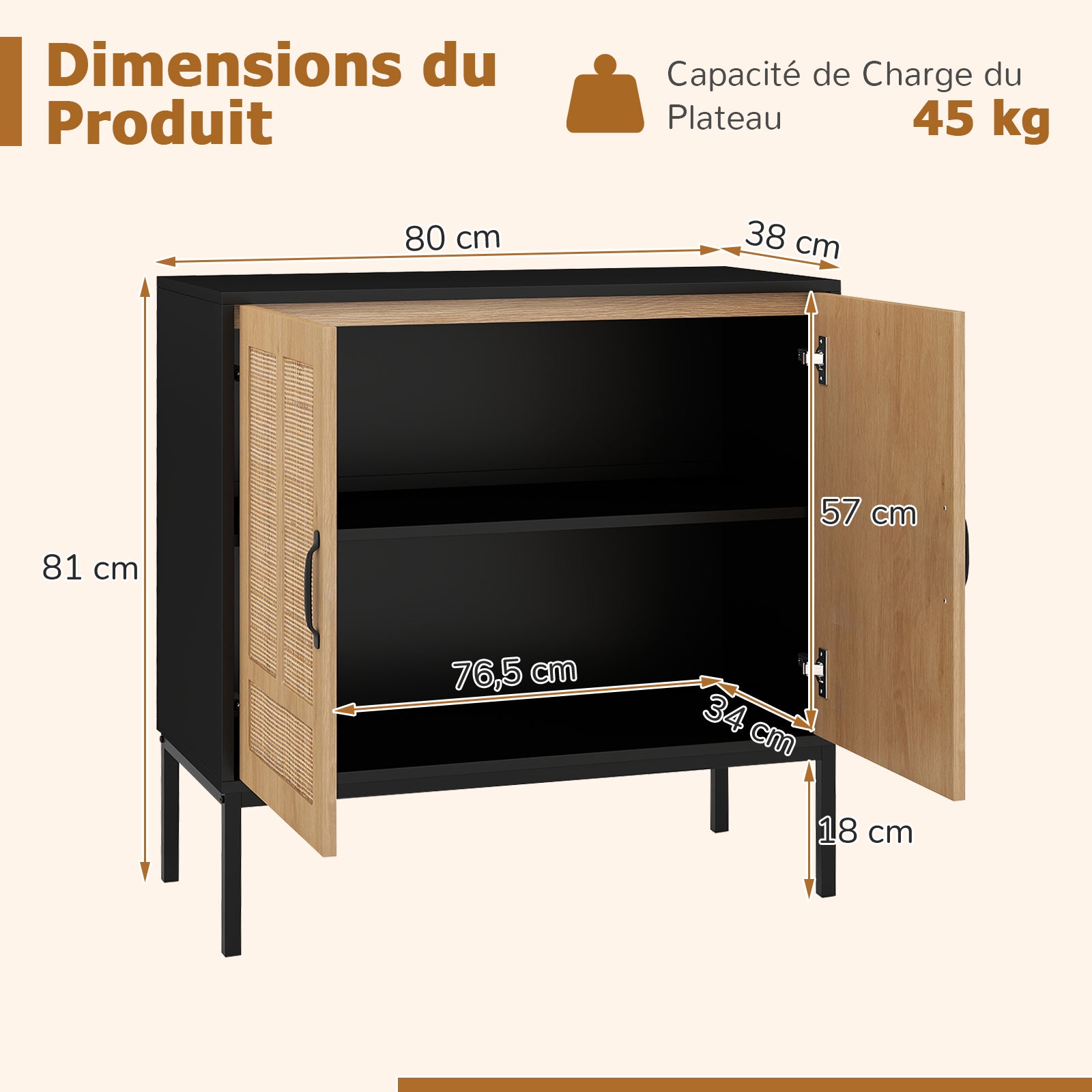 Meuble De Rangement Buffet En Rotin Et Blanc - 80x34x112 Cm, 2 Portes, étagères Réglables - Style Bohème Pour Salon, Cuisine, Entrée - 5