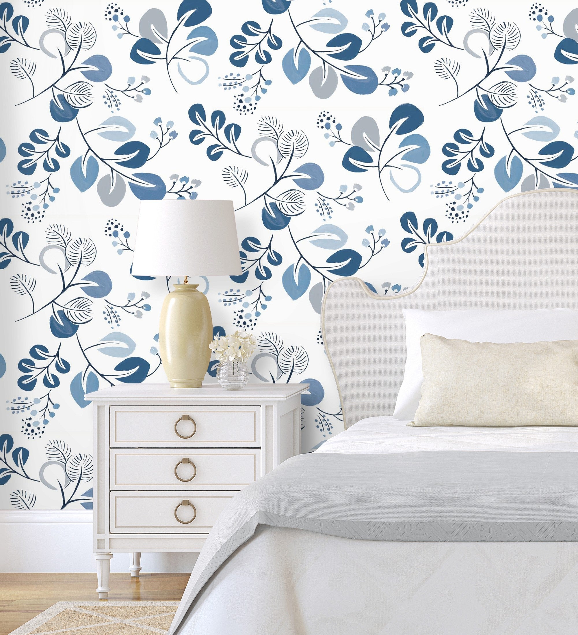 Papel pintado vinílico ecológico de hojas de estilo nórdico tonos azules - blossom hall 682103 de gaulan - rollo de 10 m x 0,52 m
