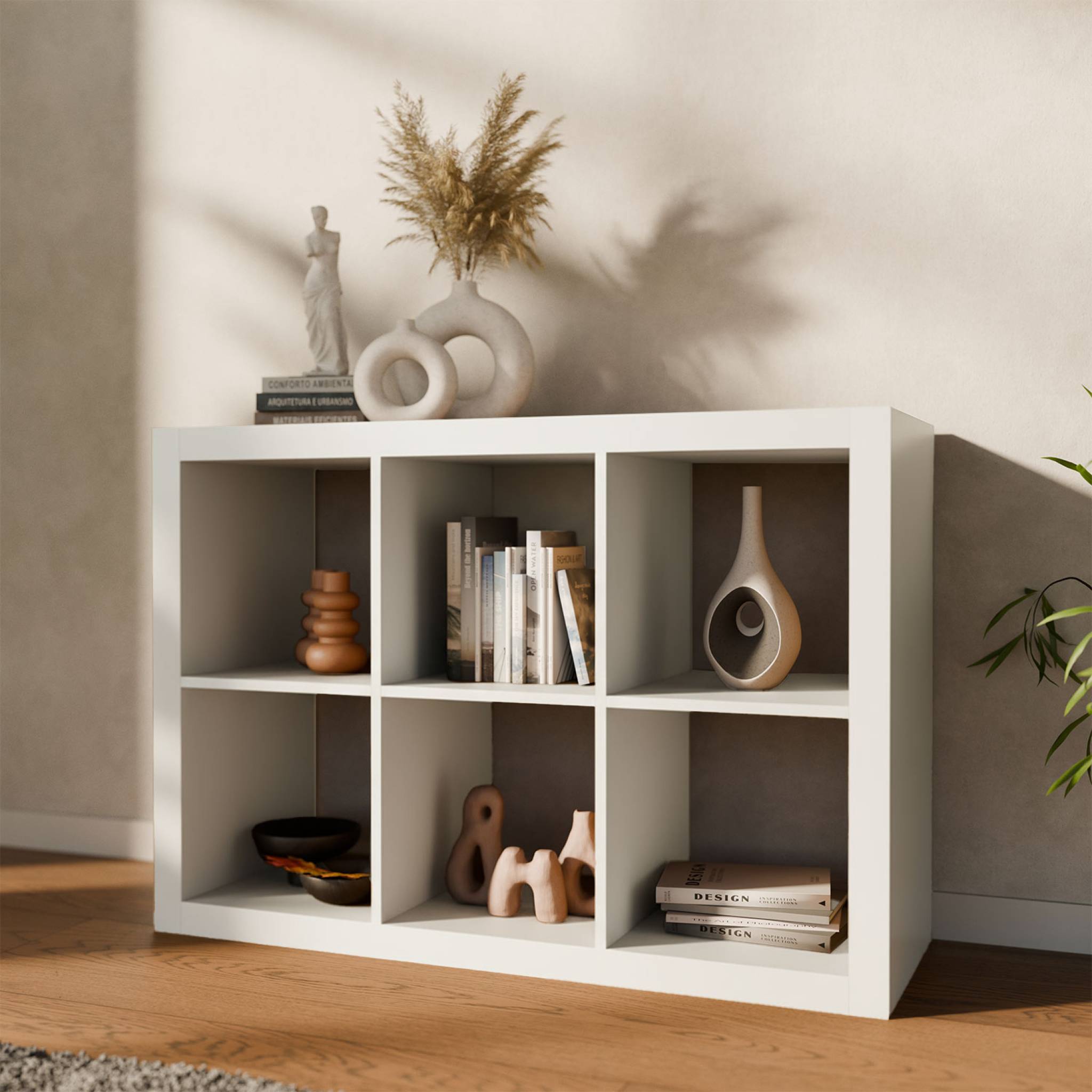 Etagère bibliothèque 2 niveaux 6 compartiments. casiers. effet bois blanc. L 111.2 x P 39 x H 76cm BASIKS - 6