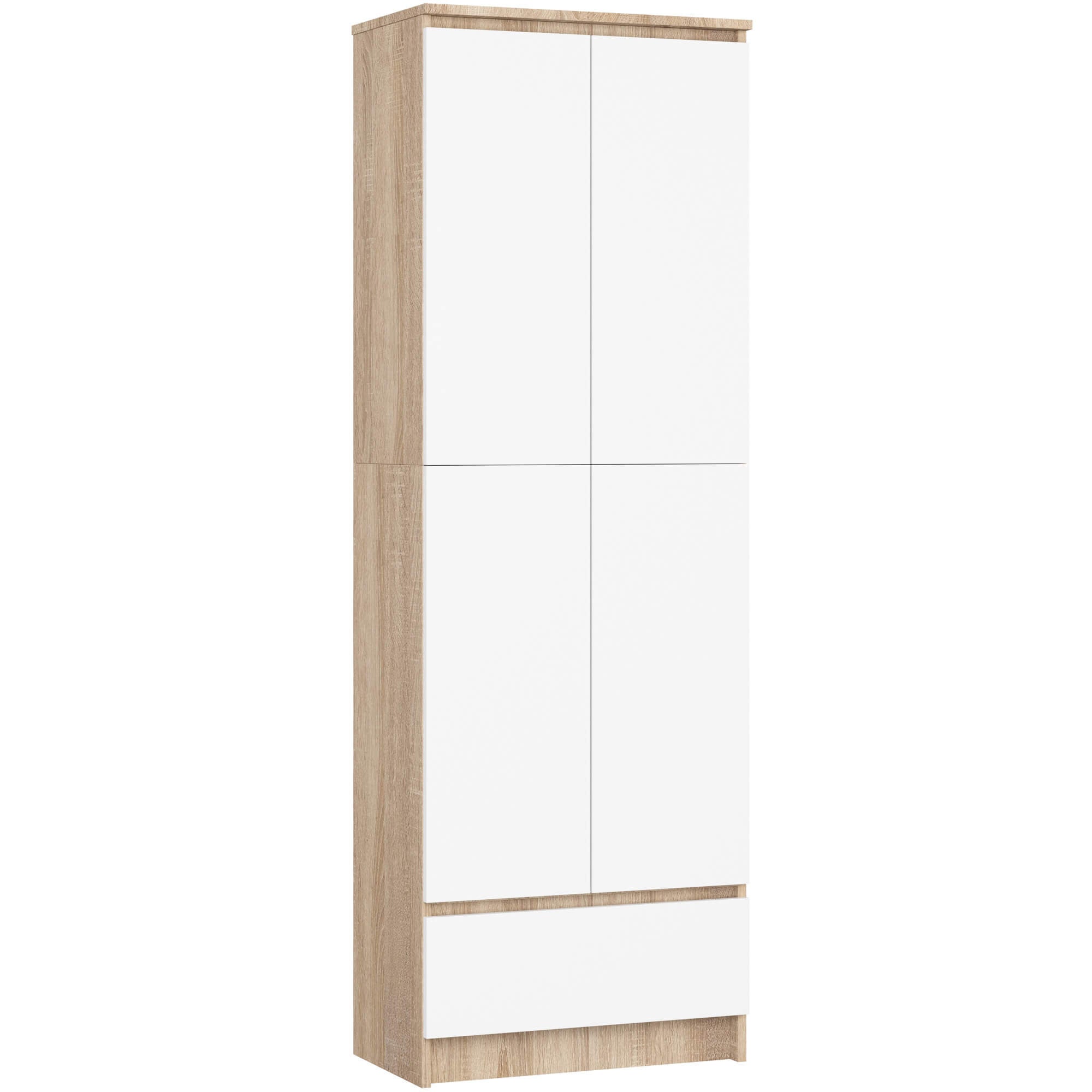 Regał AKORD R60 Dąb Sonoma 60 cm 2 drzwi 1 szuflada kolor Biały mat 4 półki 60x35x180 cm