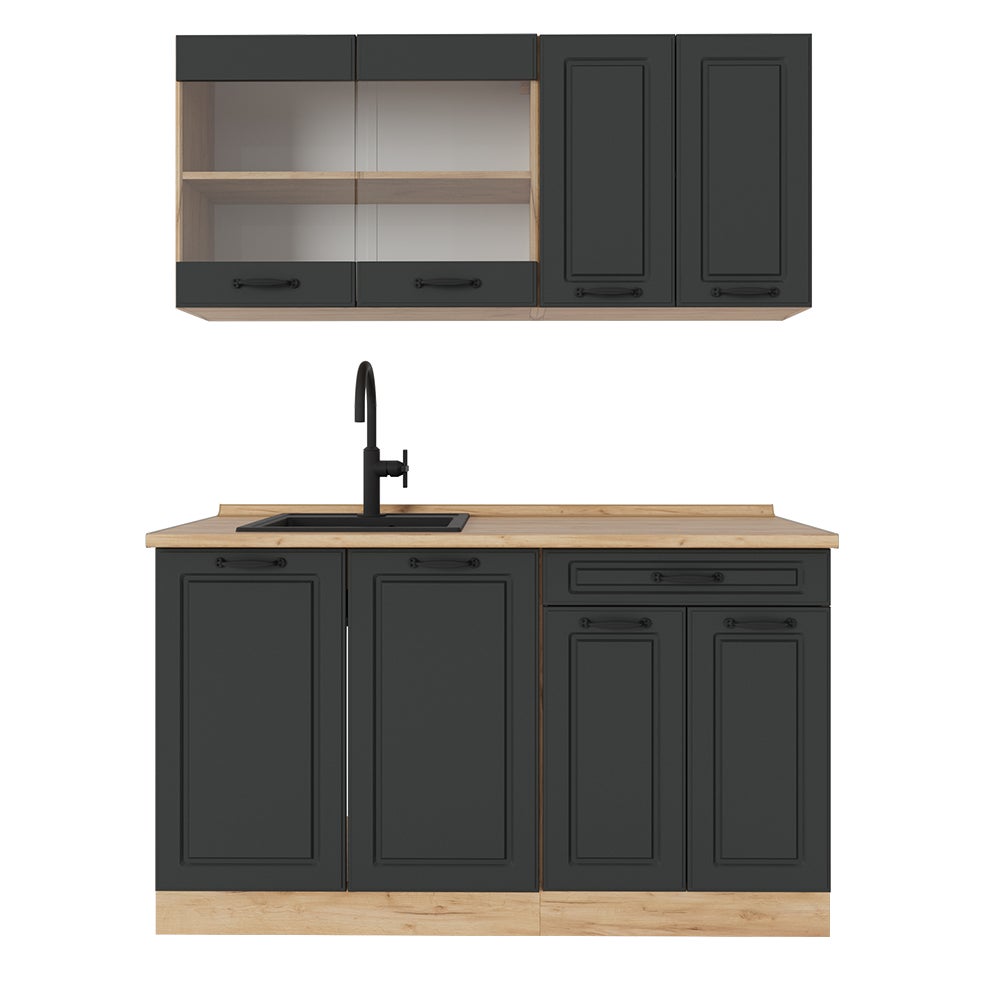 Vicco cuisine R-Line, 140 cm , PT Marbre, Bleu-gris/chêne