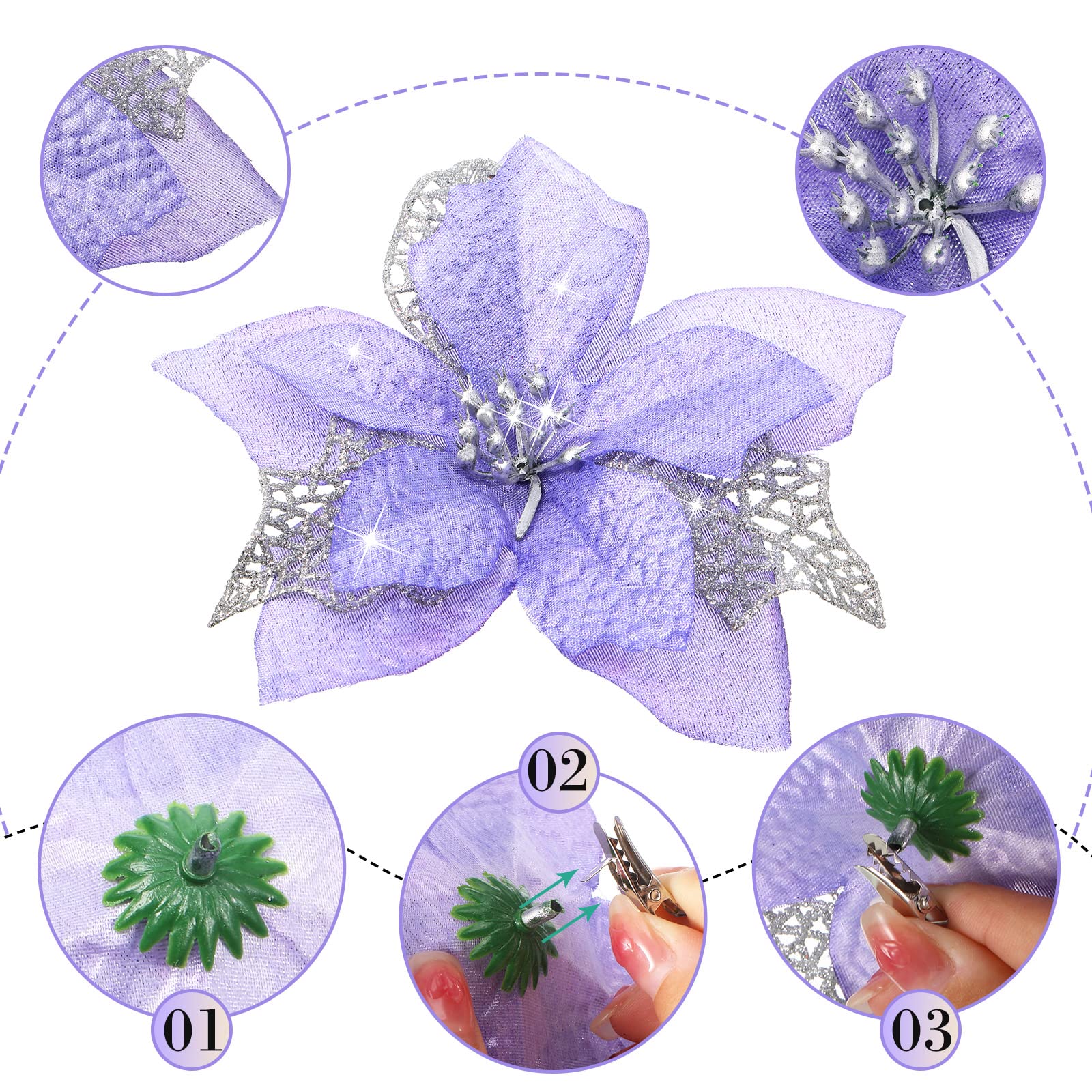 Lot de 50 décorations de Noël, fleurs artificielles scintillantes avec clips, décorations pour sapin de Noël, pendentifs de fleurs artificielles - 5