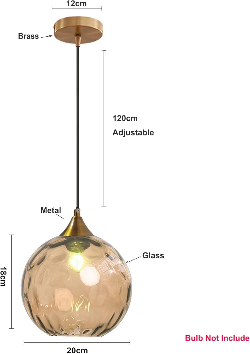 Lustre boule de verre de 20 cm, base en bronze doré avec boule de verre, idéal pour îlot de cuisine ou salle à manger (ambre) - 2