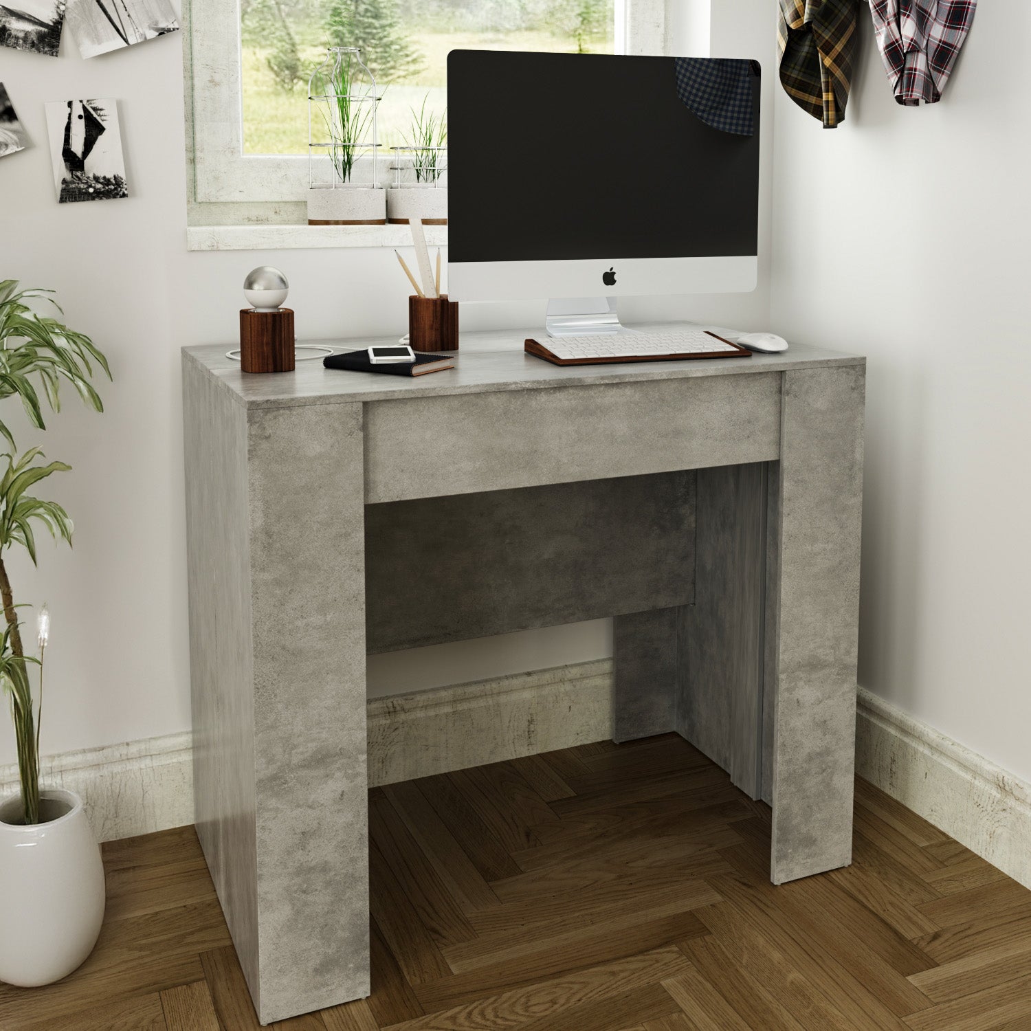 Tavolo allungabile consolle fino a 3 metri 14 posti salvaspazio multiposizione grigio cemento - 5