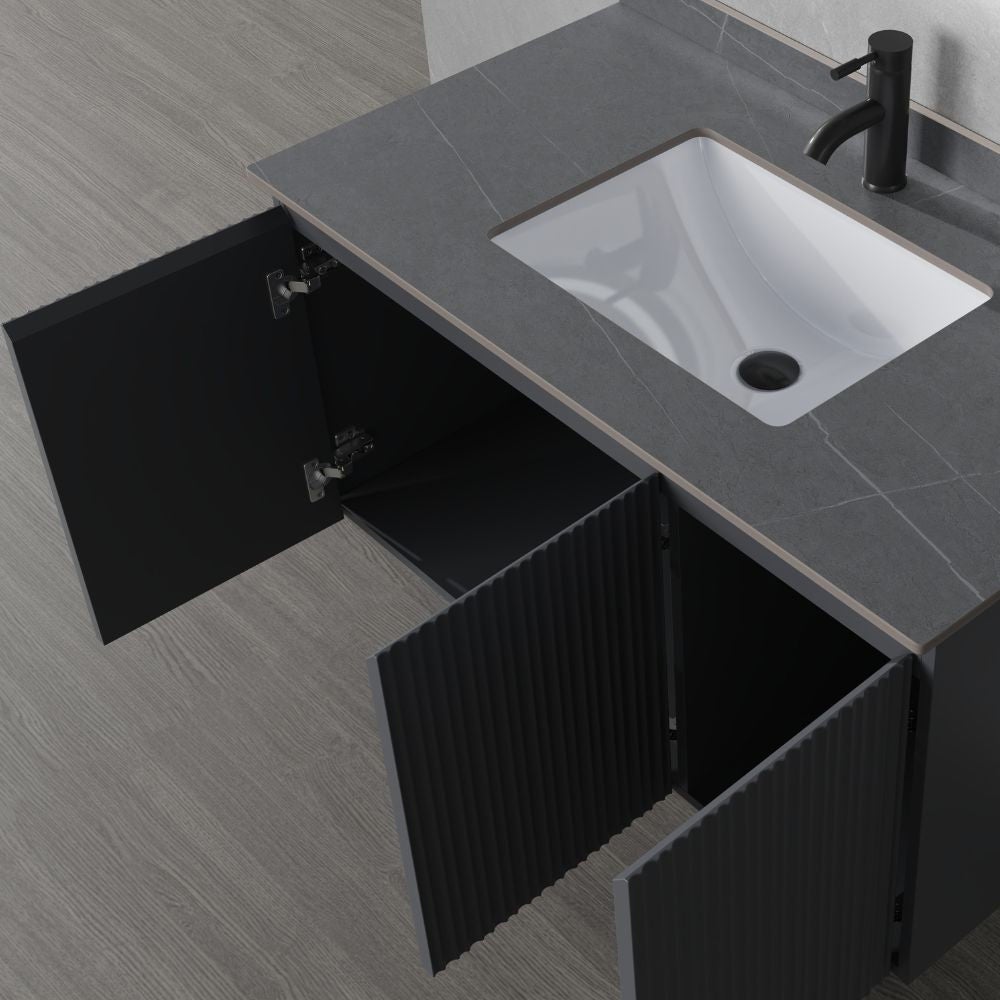 Meuble de salle de bain suspendu avec miroir tactile LED et 3 portes lavabo en céramique meuble design à faible encombrement 100cm Finition grise- ZIK - 4