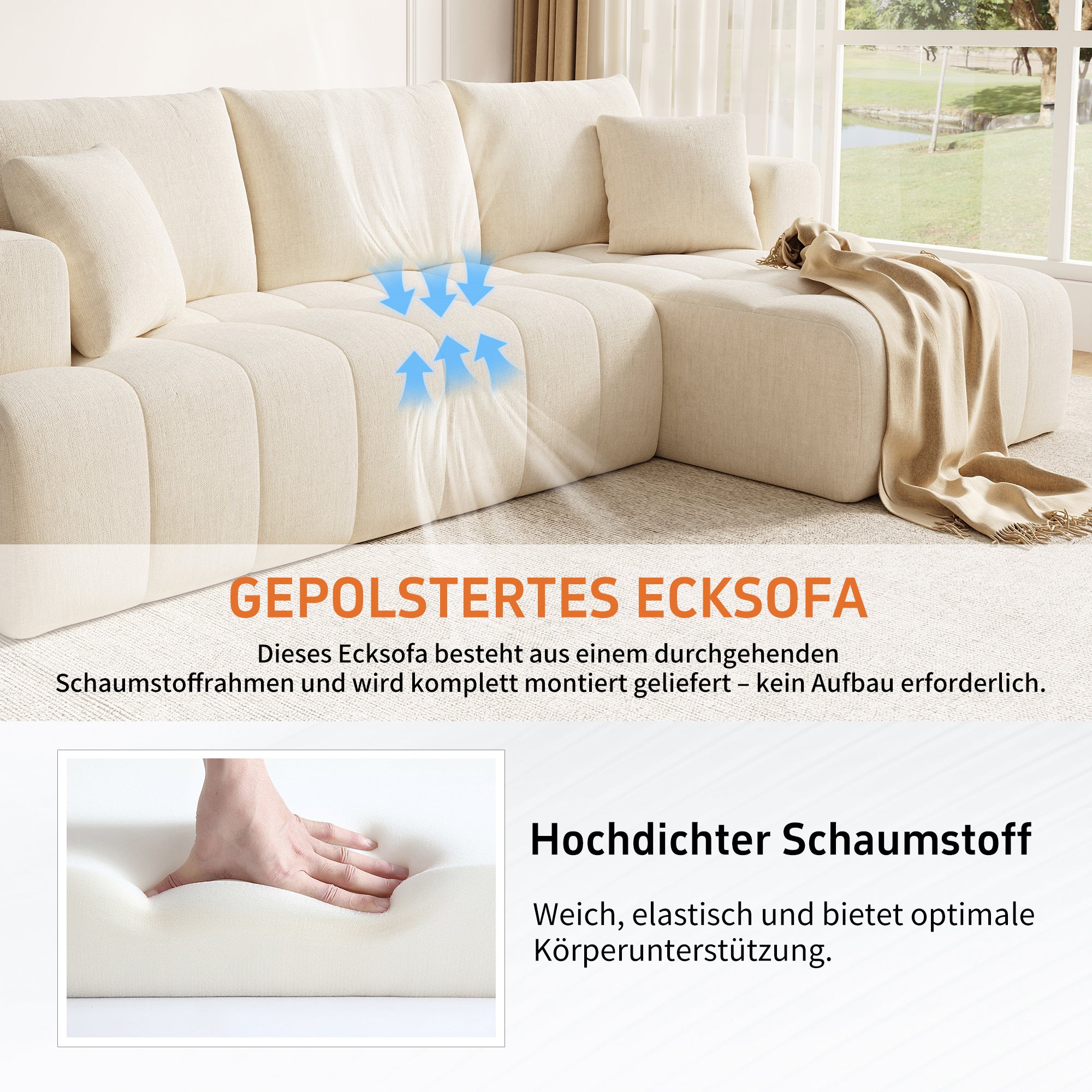 Canapé d'angle modulaire en L 244.5x136x79cm, canapé nuage, tissu chenille confortable, combinable librement,sans montage, Beige - 6