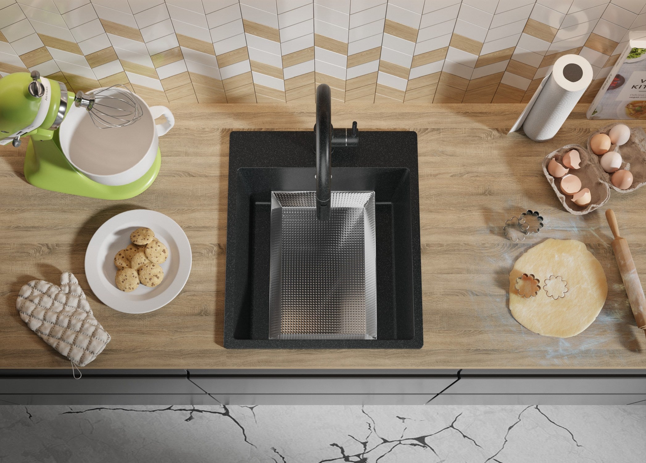 Evier Cuisine en Granit Graphite 43x50cm, Lavabo 1 bac + Kit de Vidage, Évier à Encastrer au meuble 45cm - Riga PRIMAGRAN - 9
