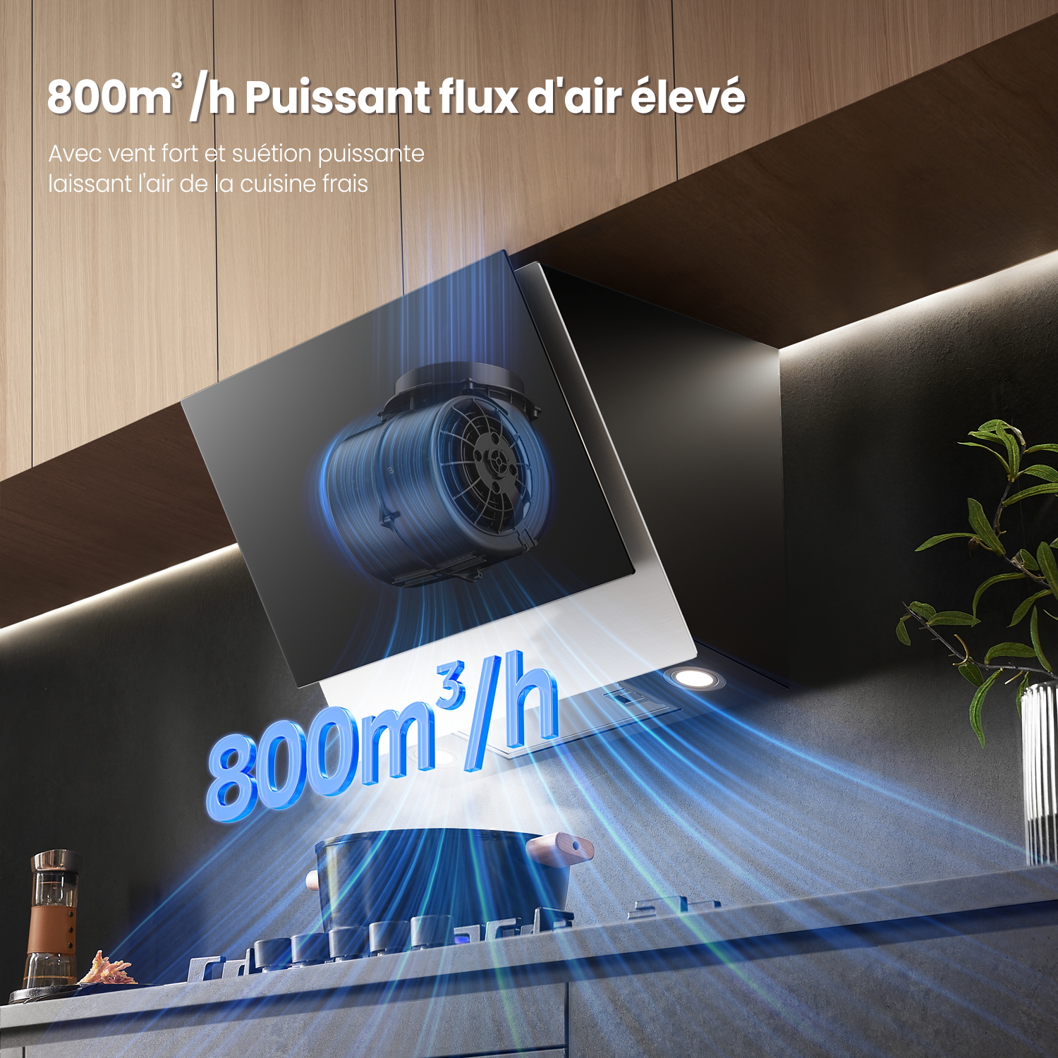 COMFEE Hotte Aspirante Inclinée 60cm - 800m³/h - Hotte de Cuisine - Classe A++ - Commandes Gestuelles - 4 vitesses - 2 Filtres à Charbon - Verre Noir - 2