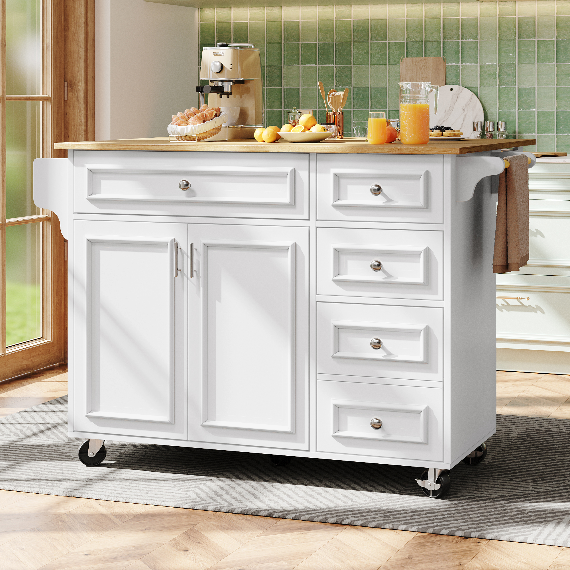Nowoczesna wyspa kuchenna 130x45x92 cm - 5 szuflad i 2 drzwi - wysuwany blat - z kółkami - biały
