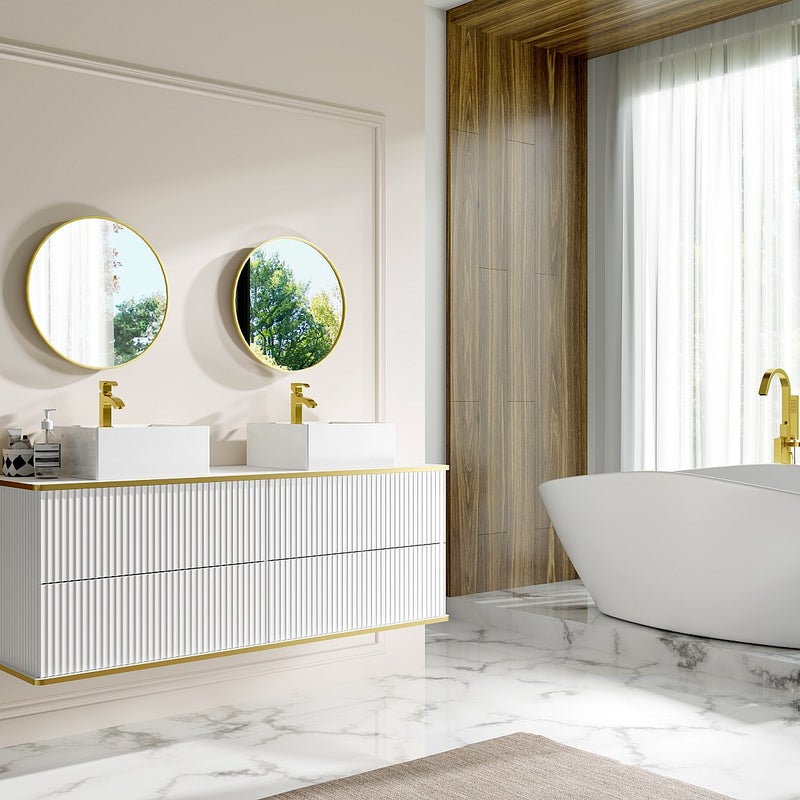 Szafka pod umywalkę wisząca ryflowana ze złotą listwą - Biały - 150 cm - KELIZA