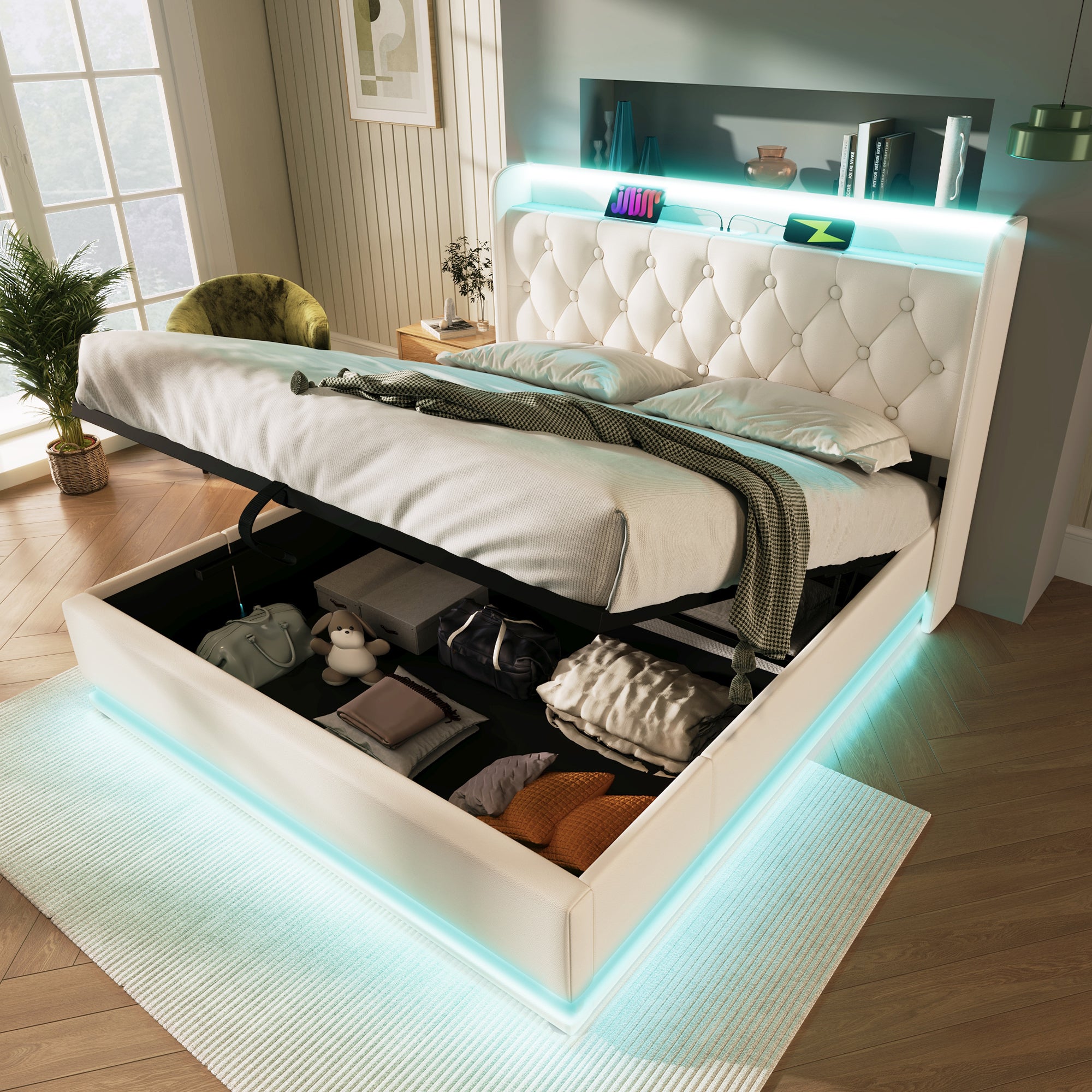 Letto contenitore 140x200 cm in similpelle - con LED e prese USB e Type ...