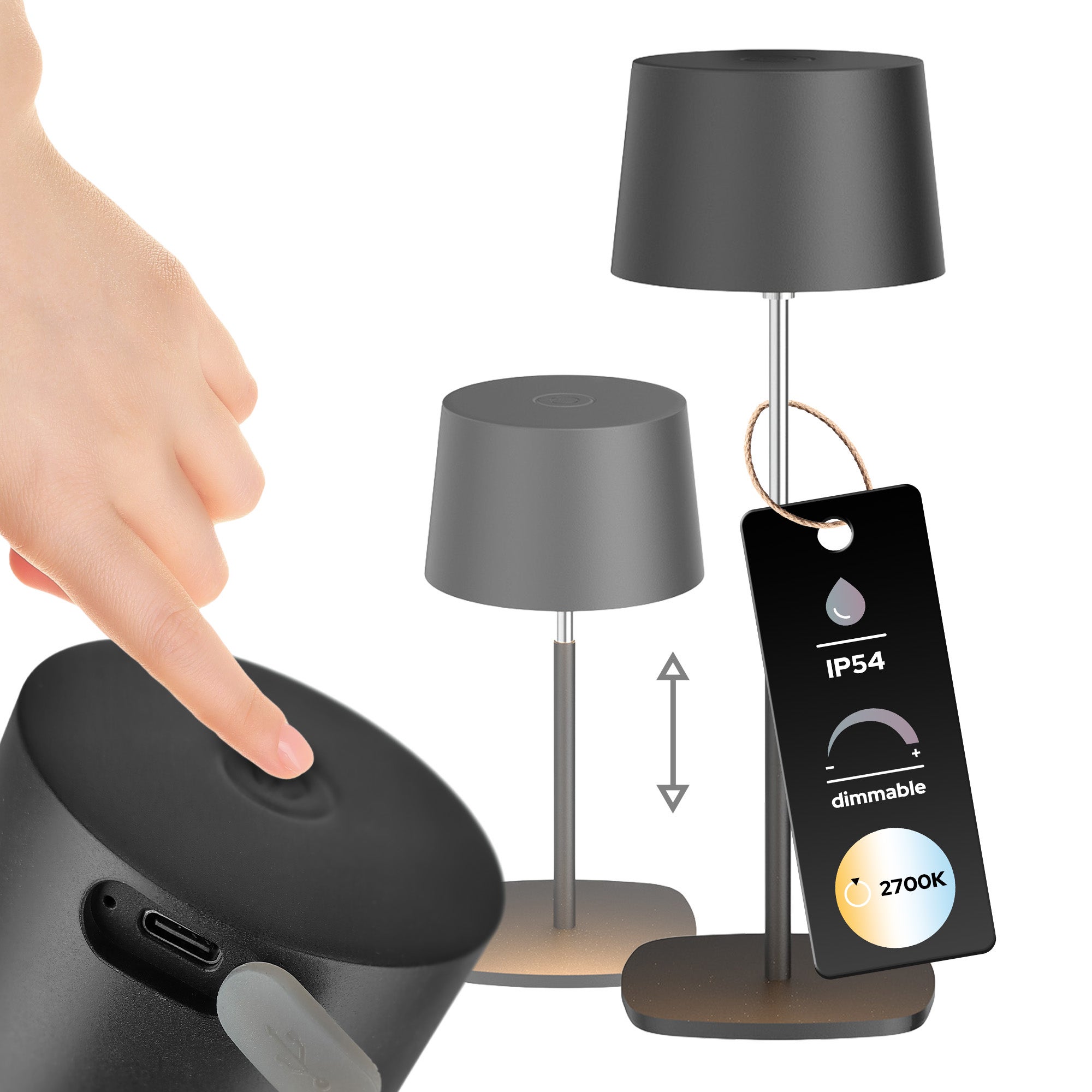 Lampka stołowa BELI 0,5W LED czarna, z akumulatorem 600mAh, IP54, barwa ciepła, 50lm, regulowana wysokość 13-21cm EDO Solutions