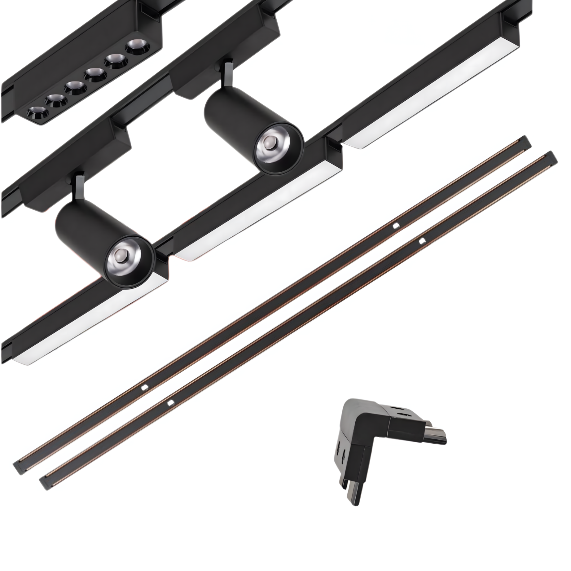 Zestaw oświetlenia szynowego LED Czarny system magnetyczny 2 x szyna 1m + 6 lamp LED + łącznik kątowy pionowy LEDHOFF