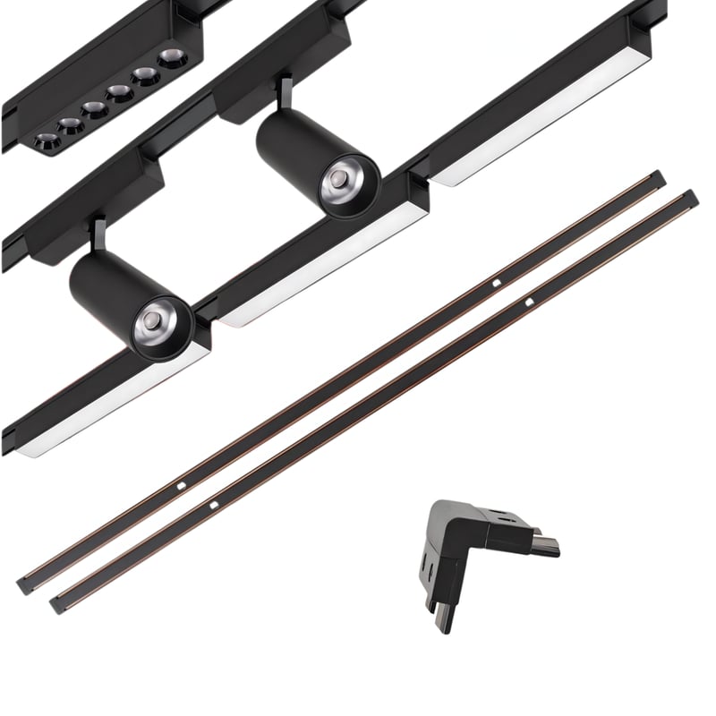 Zestaw oświetlenia szynowego LED Czarny system magnetyczny 2 x szyna 1m + 6 lamp LED + łącznik kątowy pionowy LEDHOFF