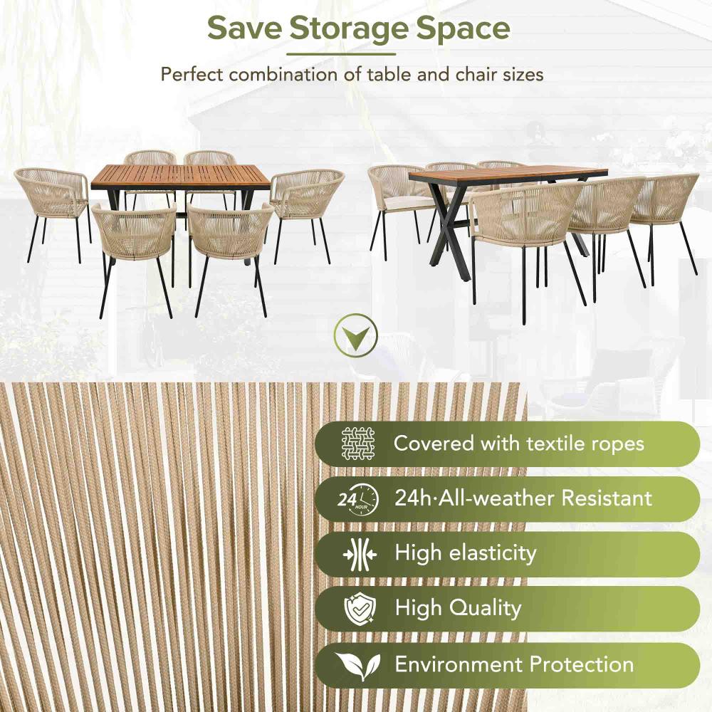 Juego de comedor para exterior de 7 piezas, mesa de acacia y sillas de cuerda, cojines lavables - 5