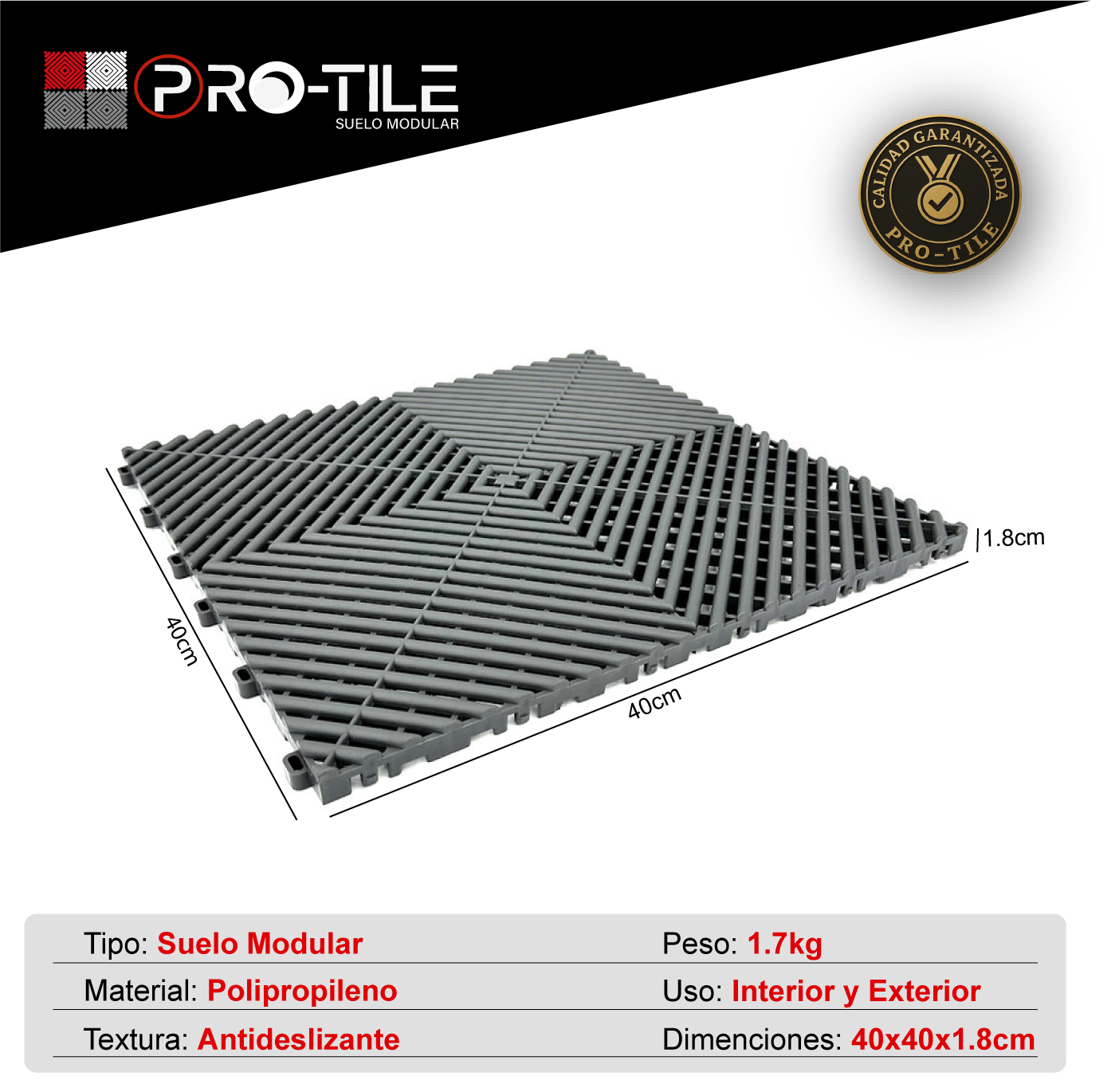 Suelo modular para garaje y taller losetas de Polipropileno 40x40cm Gris antideslizante Pro-Tile - 5