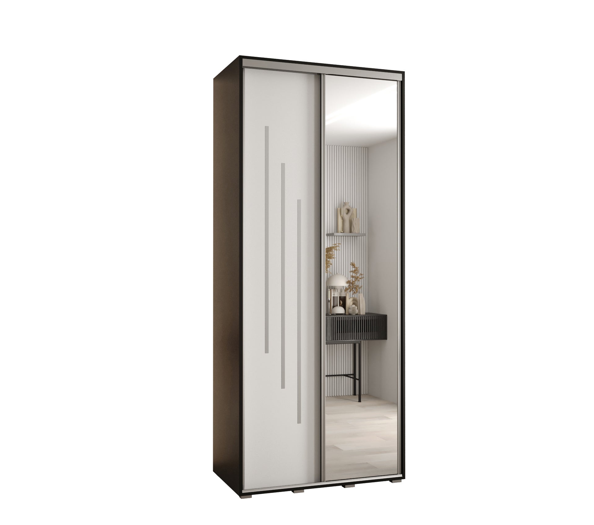 Szafa przesuwna z lustrem wysoka Davos 9 110 x 45 x 235,2 cm czarny + biały + u. srebrny - Abiks Meble