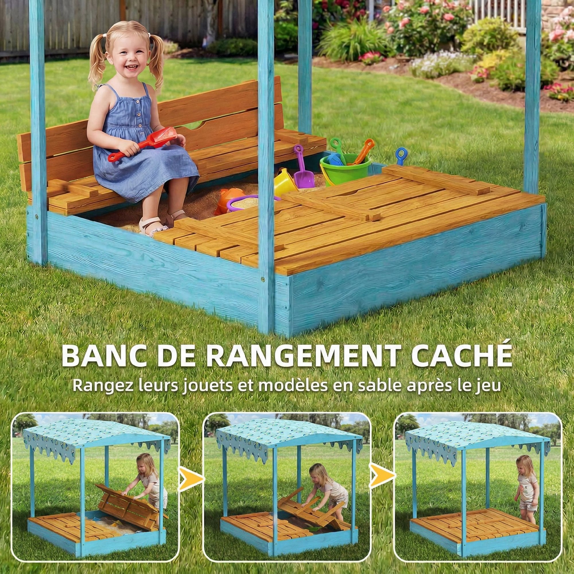 Bac à sable enfant - AIYAPLAY - couvercle et siège pliable - toile imprimée flamants - bois - bleu - 4