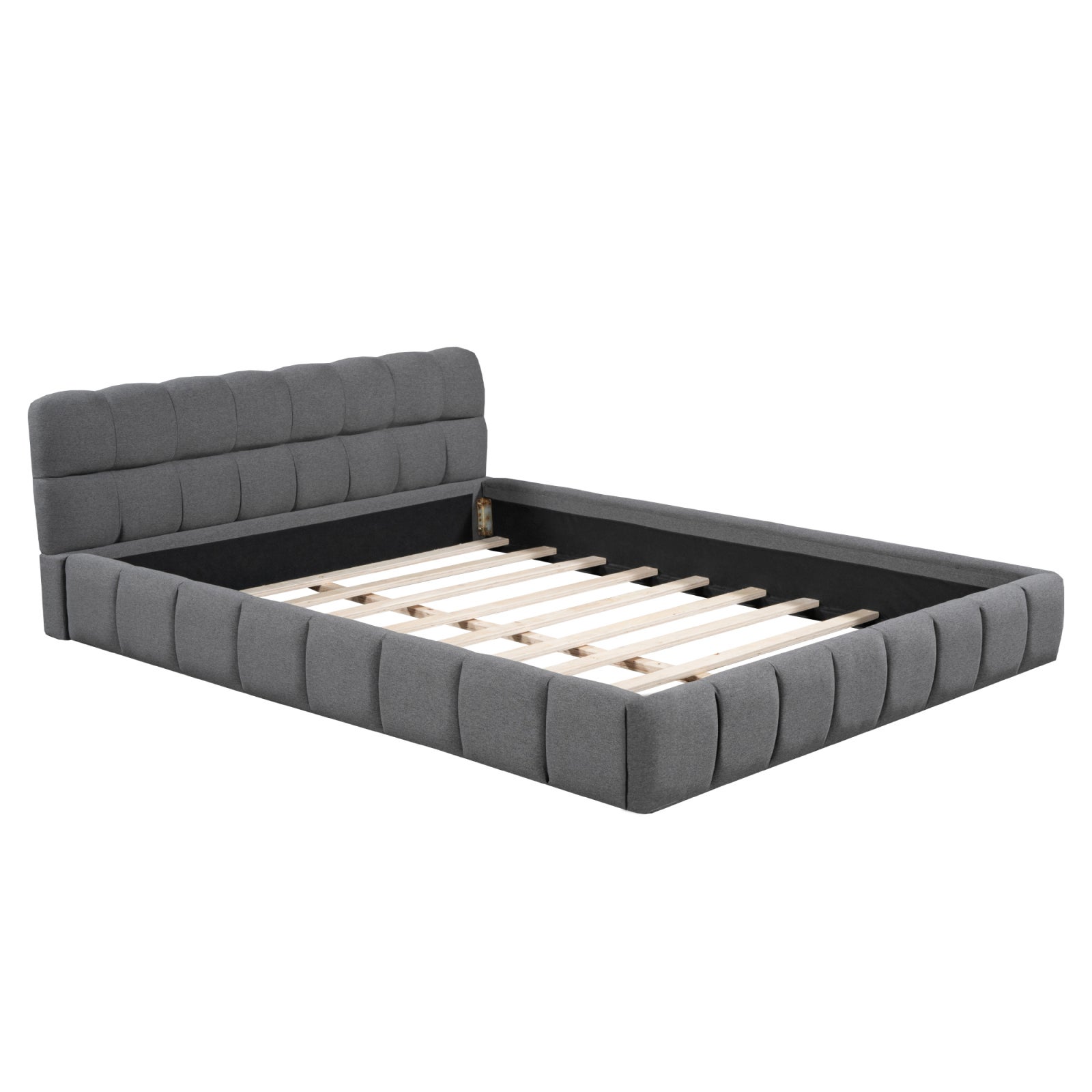 Lit adulte 140x190cm en lin avec dossier moelleux, Lit plat avec sommier à lattes, gris - 9