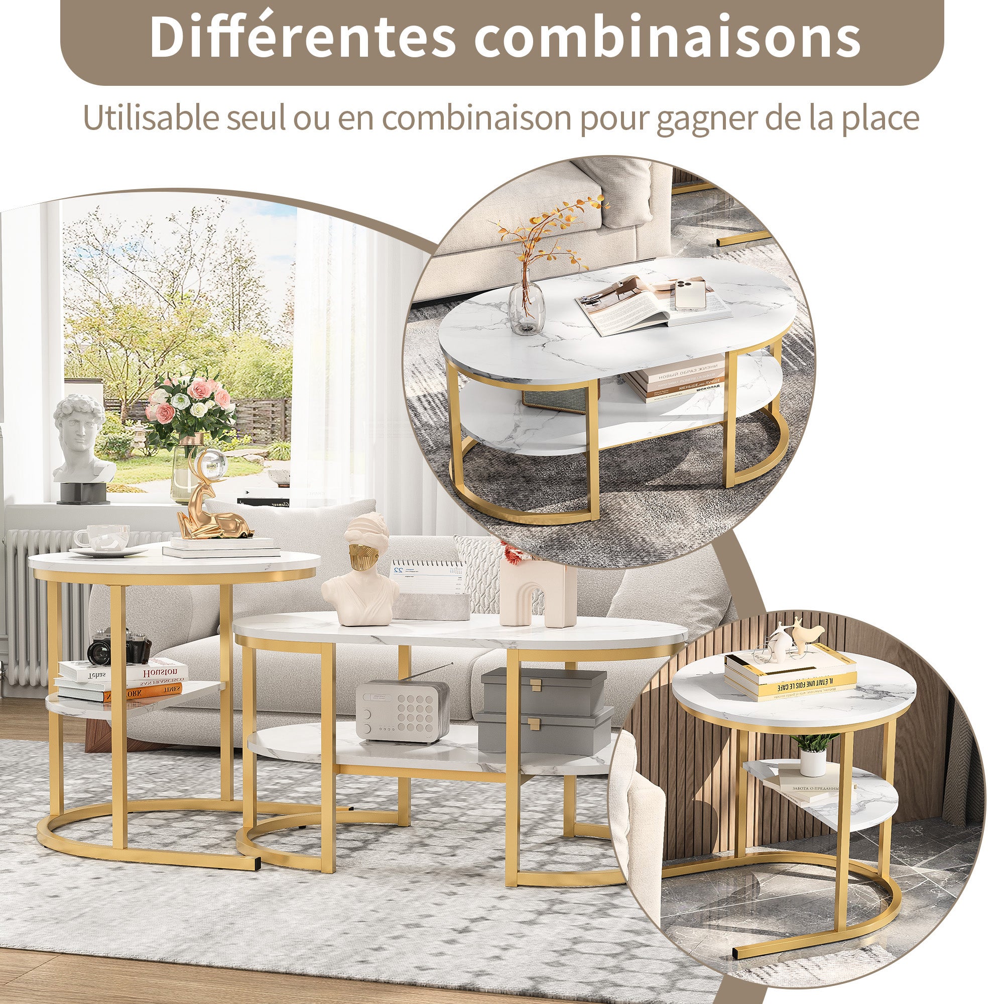 Table Basse Design - Lot de 2 - Blanc - Cadre en Métal Doré - COZY - Plateau en Marbre - Repose-Pieds Réglable - 3