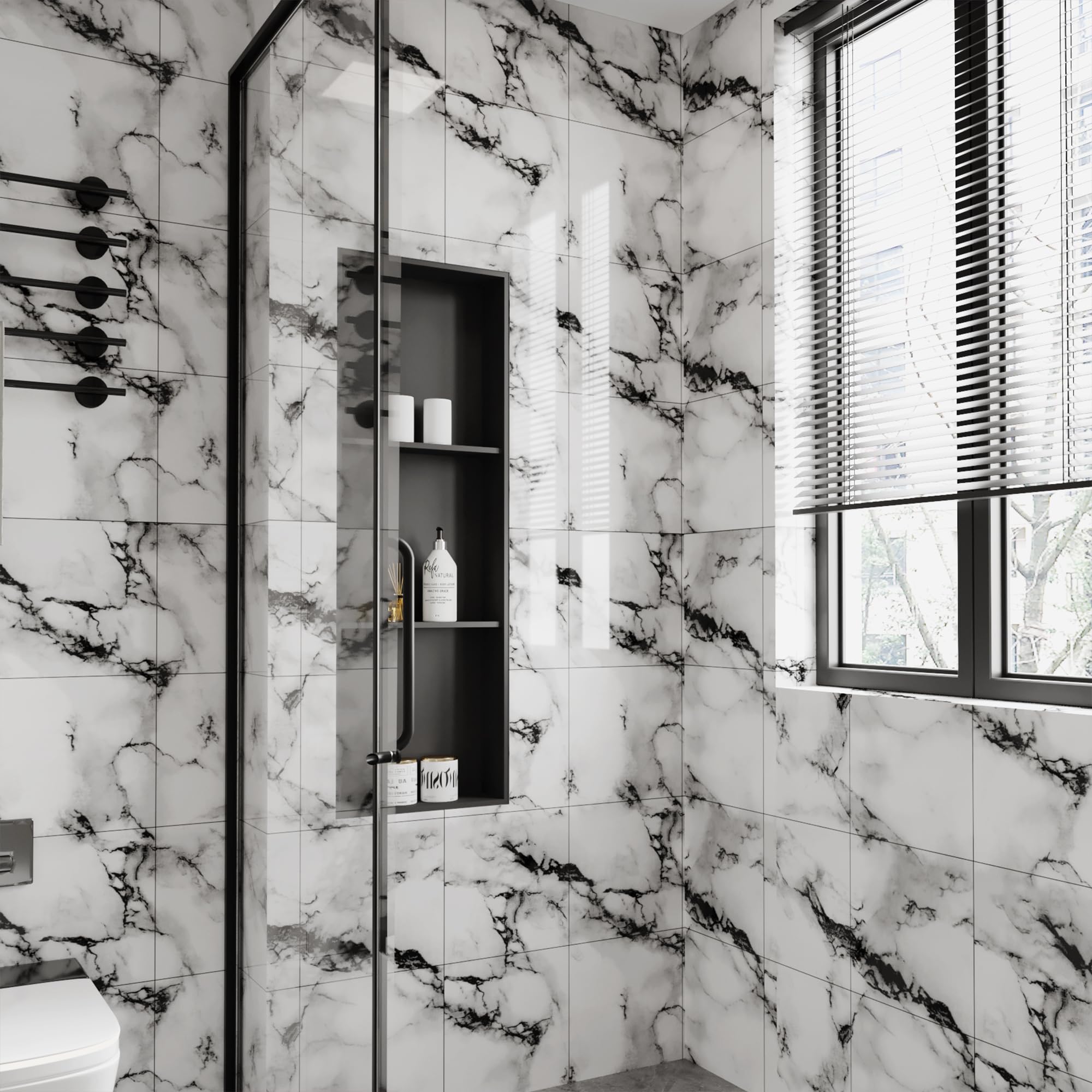 Set di 20 pannelli murali in ceramica autoadesivi e impermeabili effetto marmo, 30 x 30 cm, in PVC, adatti per bagni, cucine e soggiorni (05) - 2