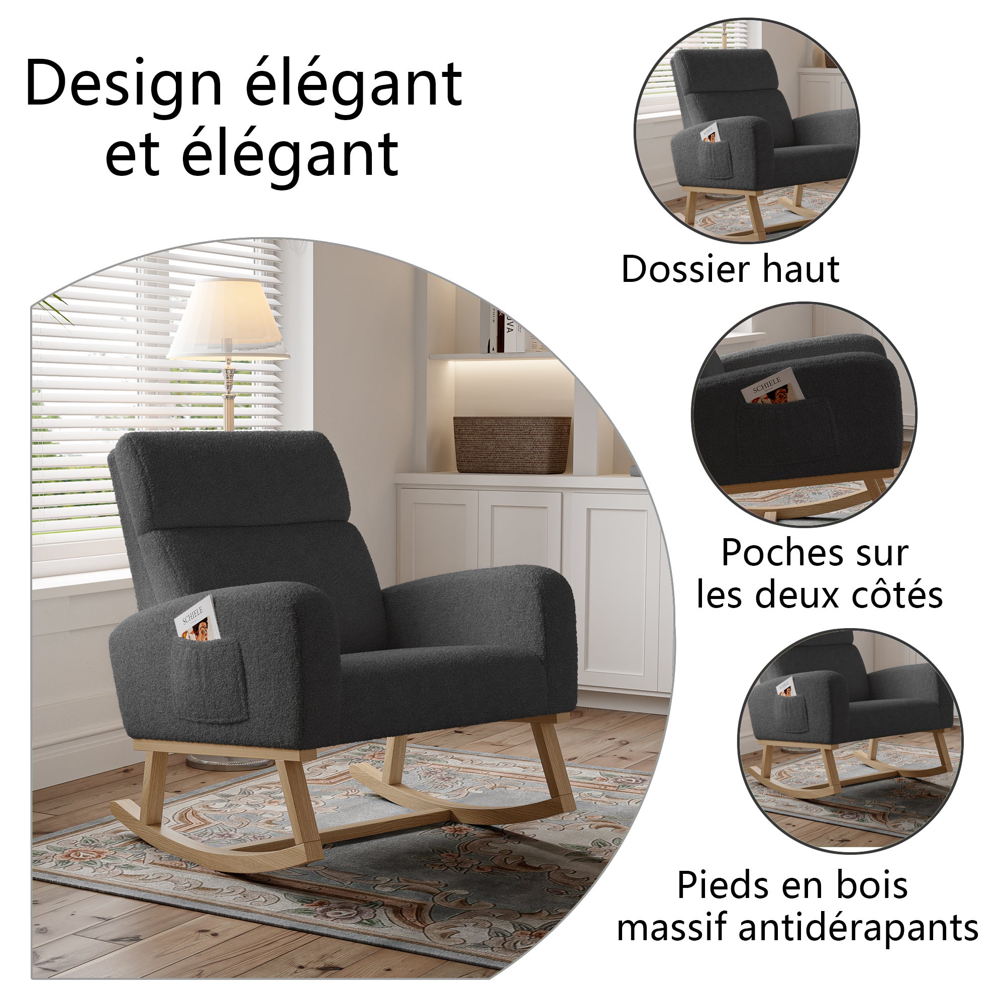 Fauteuil a Bascule, Chaise a Bascule Allaitement avec Poches Latérales et Base en Bois, Fauteuil Rocking Chair interieur extérieur pour Chambre, Gris - 5