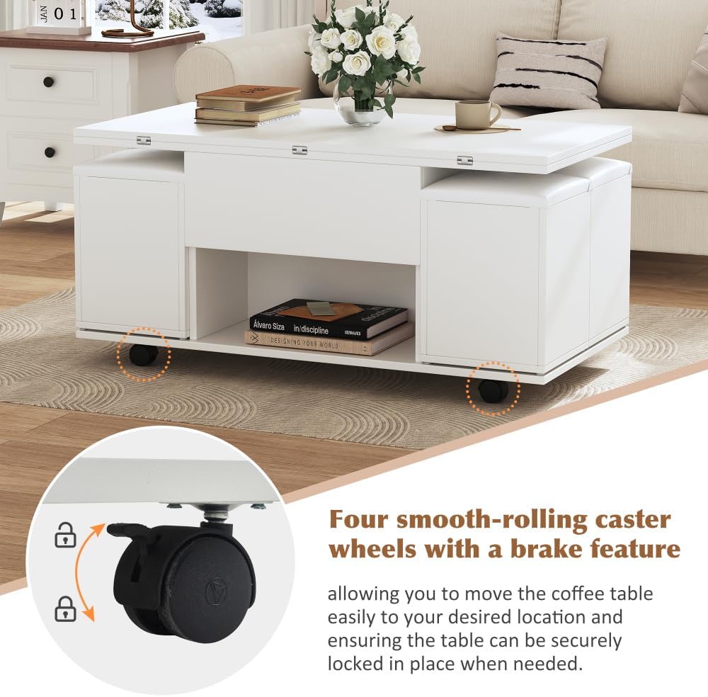 Table Basse avec 2 Plateau Relevable, Table de Salon 3 en 1, avec 4 Tabouret, Rangement Caché et Ouvert, 100 x 100 x 63.5 cm - 5