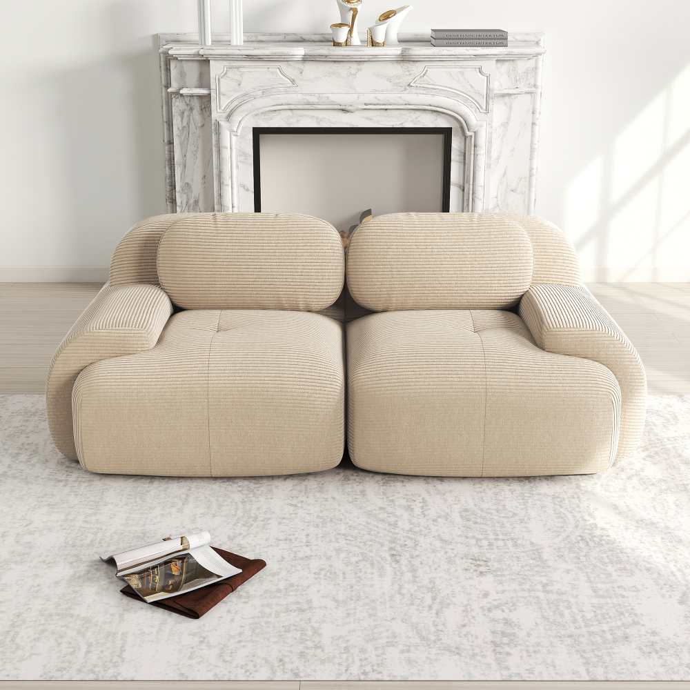 82-calowa modułowa sofa dwuosobowa z kordu, zaokrąglone podłokietniki, powierzchnia antypoślizgowa do salonu i kina domowego