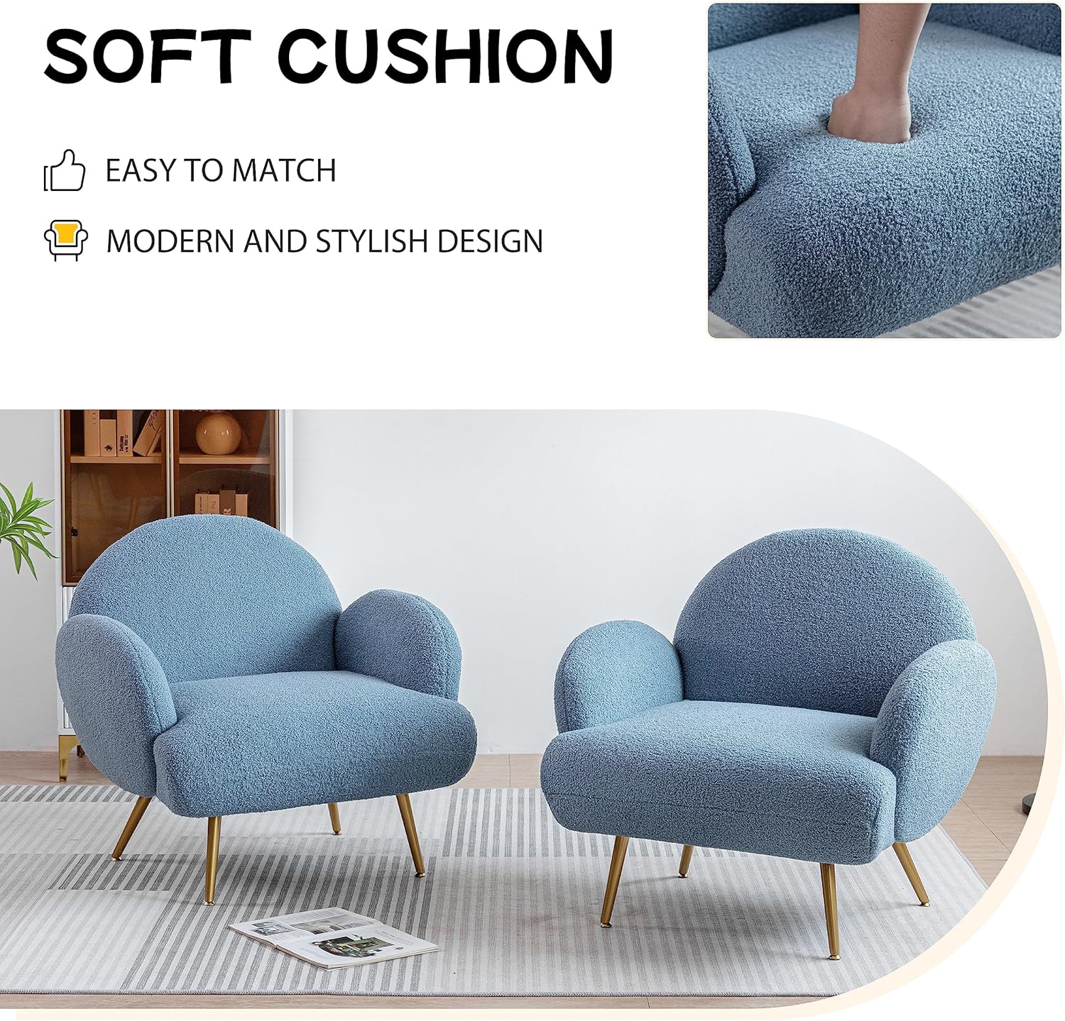 Fauteuil Moderne Décontracté avec Pieds en Métal Noir et Dossier Fauteuil Simple Confortable pour Salon/Chambre/Club, Bleu - 4