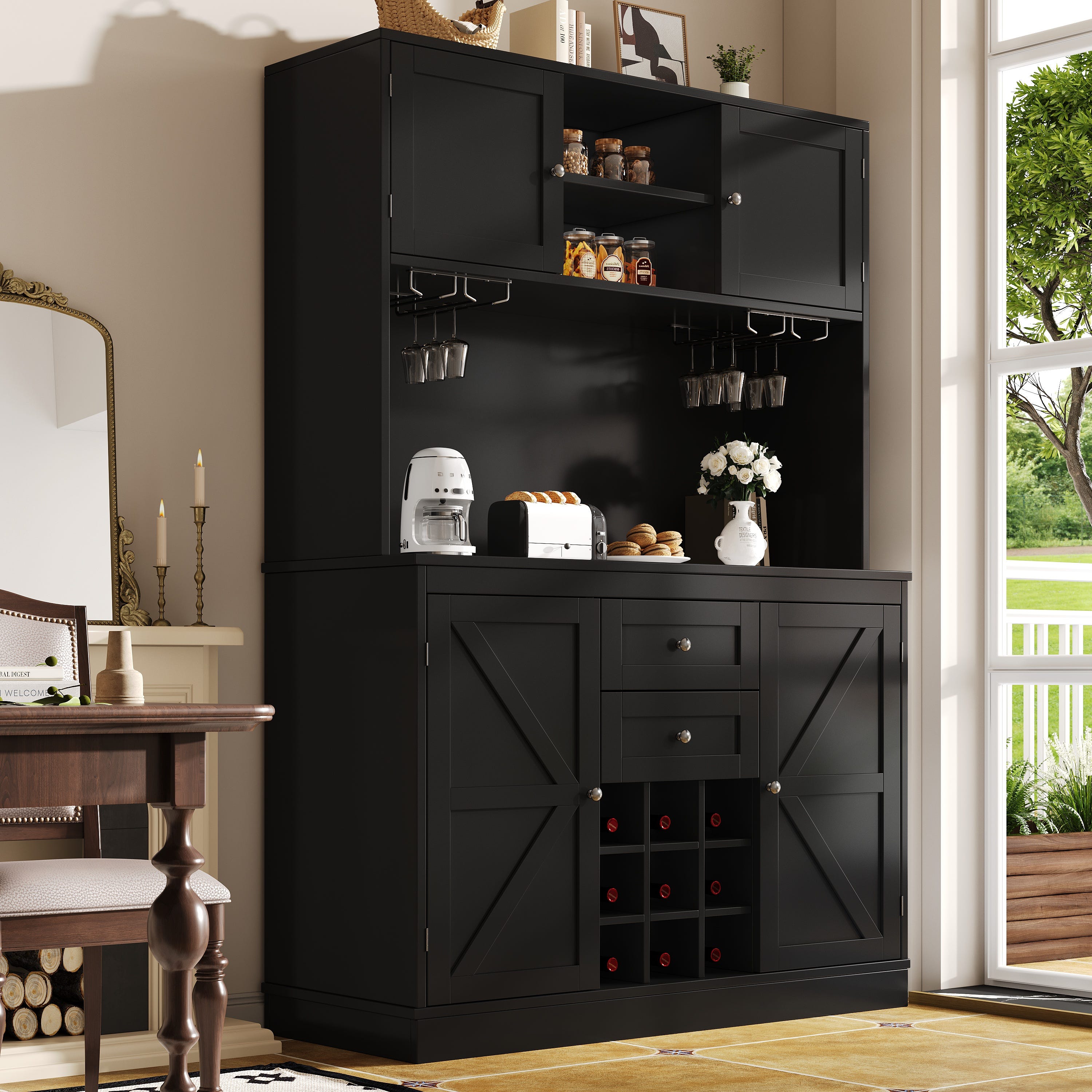 KOMFOTTEU Buffet Multi-usages avec 12 Cubes de Vin, Meuble de Rangement avec 2 Armoire à Porte, Armoire bassse en Bois de Salle à Manger avec Tiroir KOMFOTTEU Buffet Multi-usages avec 12 Cubes de Vin, Meuble de Rangement avec 2 Armoire à Porte, Armoire bassse en Bois de Salle à Manger avec Tiroir
