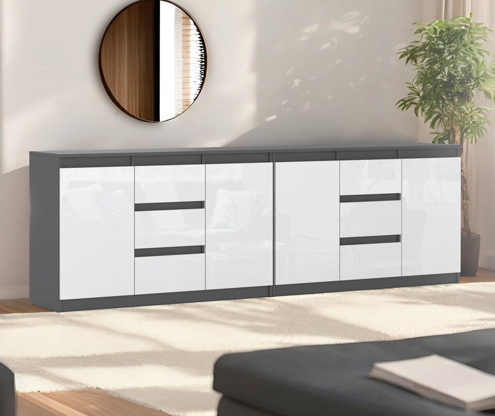 Komoda szara biały połysk szafka nowoczesna z 6 szufladami 240cm do salonu - 3