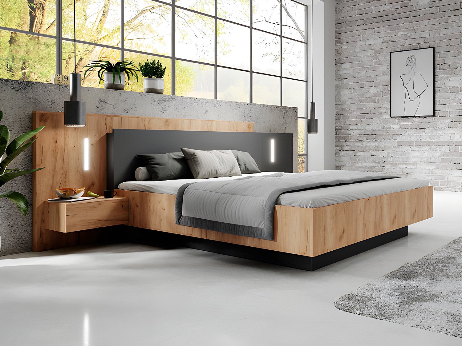 Łóżko ze skrzynią i szafkami nocnymi 140 x 190 cm - 2 szuflady - Z oświetleniem LED - Kolory: Naturalny i antracytowy + Materac - FRANCOLI