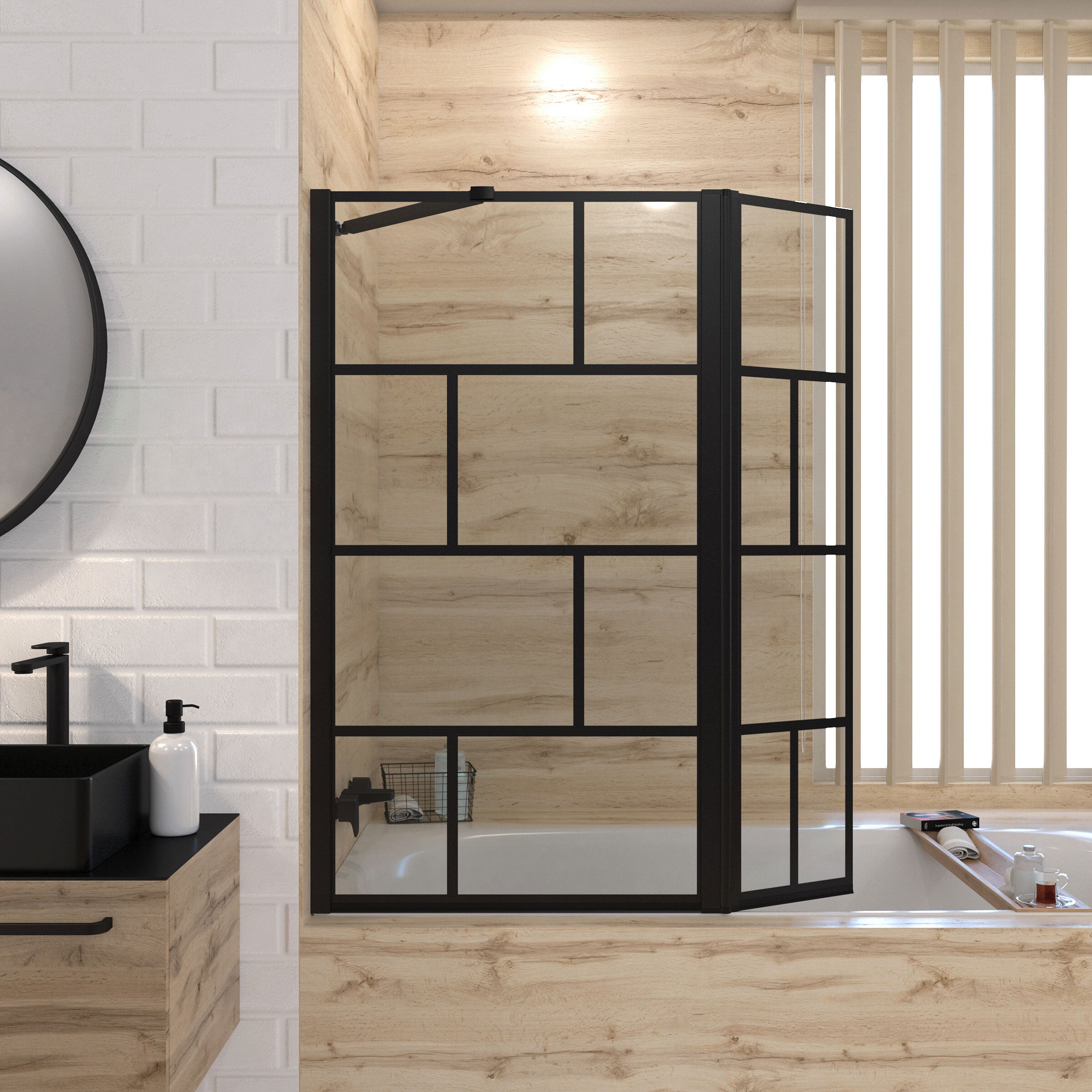 Pare baignoire avec volet pivotant - profile noir mat - 130x104 (HxL) - verre 5mm sérigraphié - 6