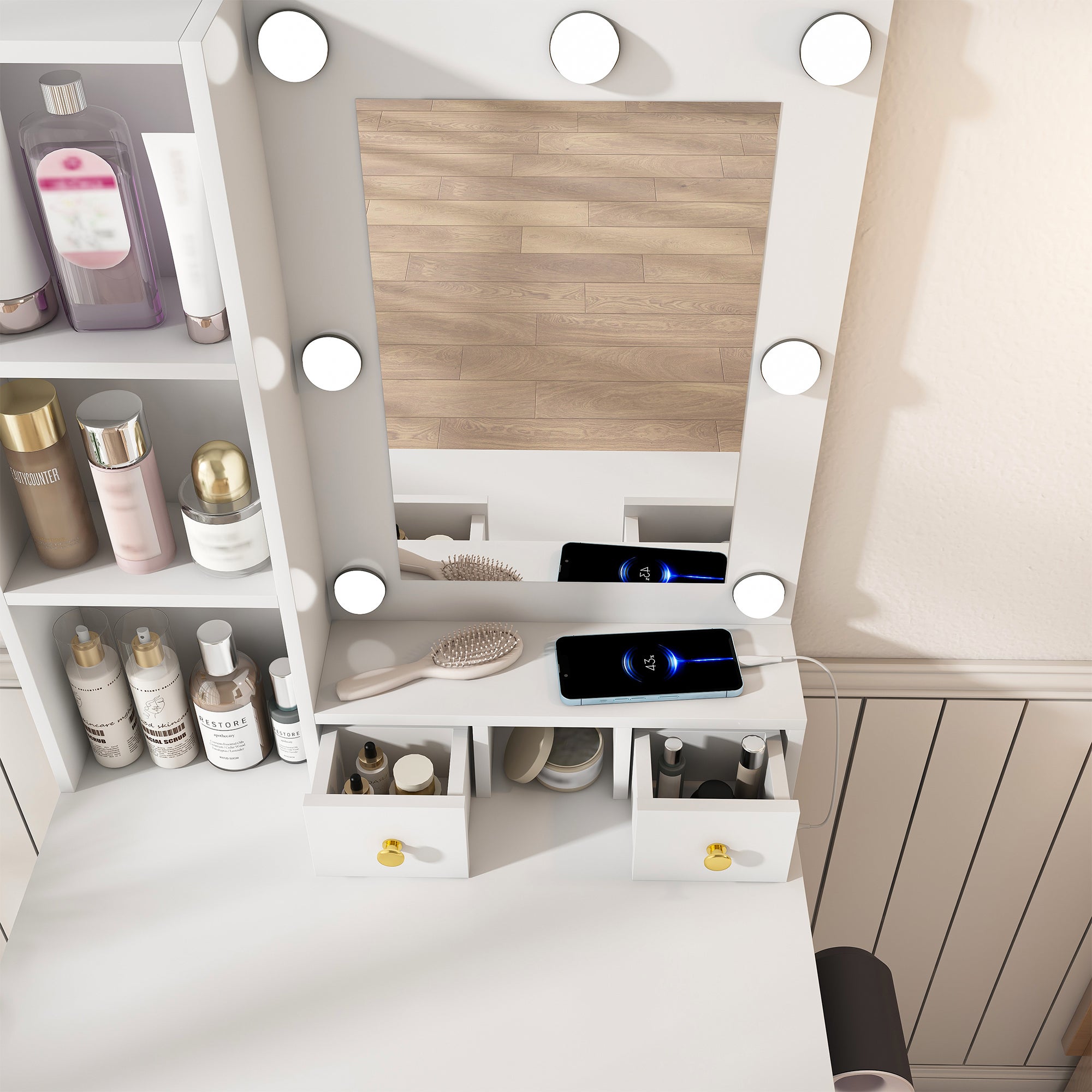 Coiffeuse 60x38x131.5 cm avec miroir, éclairage LED 3 modes, prise intégrée, MDF blanc - 6