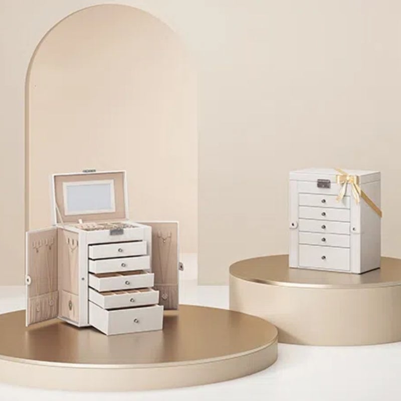 Scatola Portagioie 6 livelli, 5 cassetti, specchio interno, chiusura a chiave, idea regalo, per orologi, bianco, Regalo Natale - 2