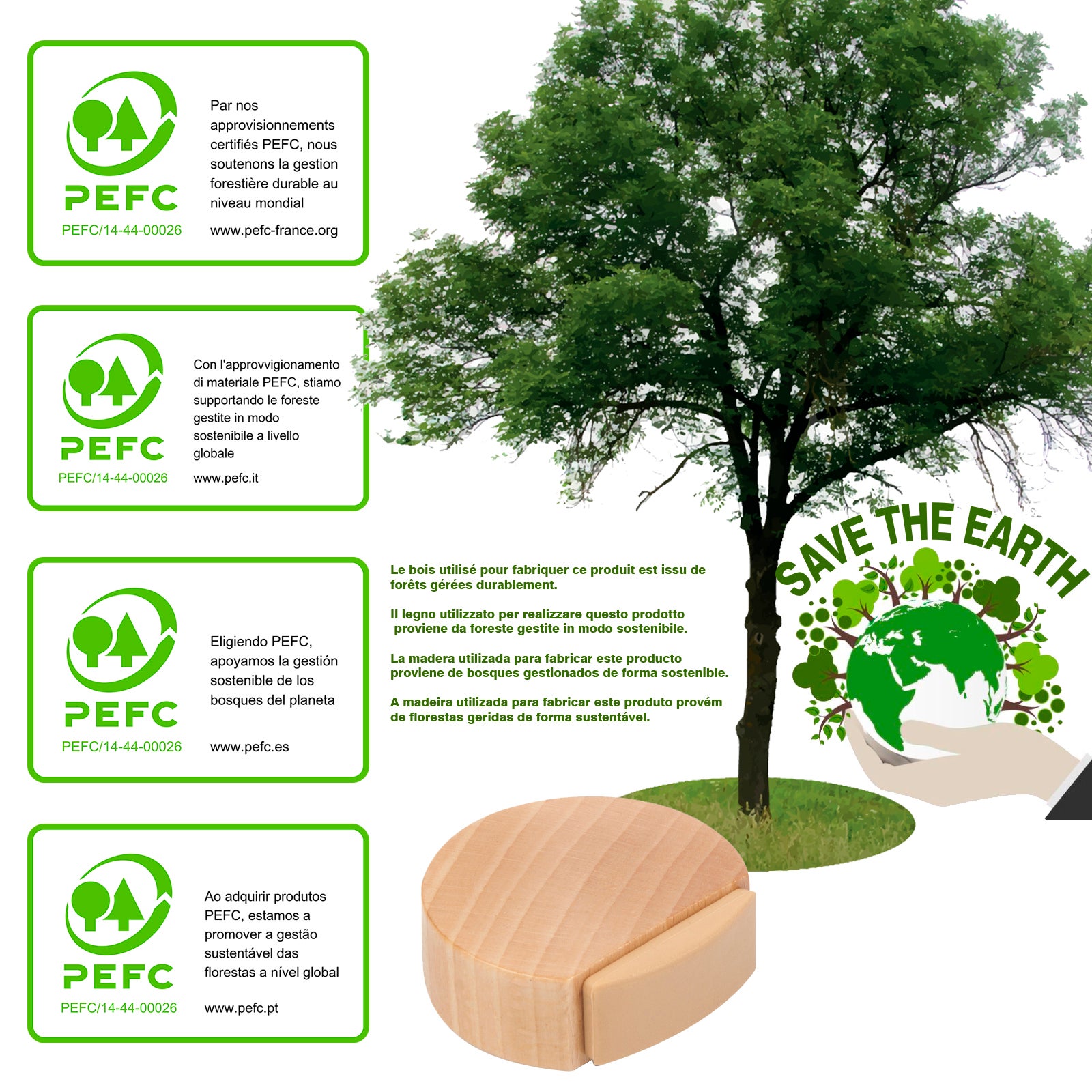 6 Un. Butée de porte adhésive en bois de hêtre naturel 45x42MM - 3