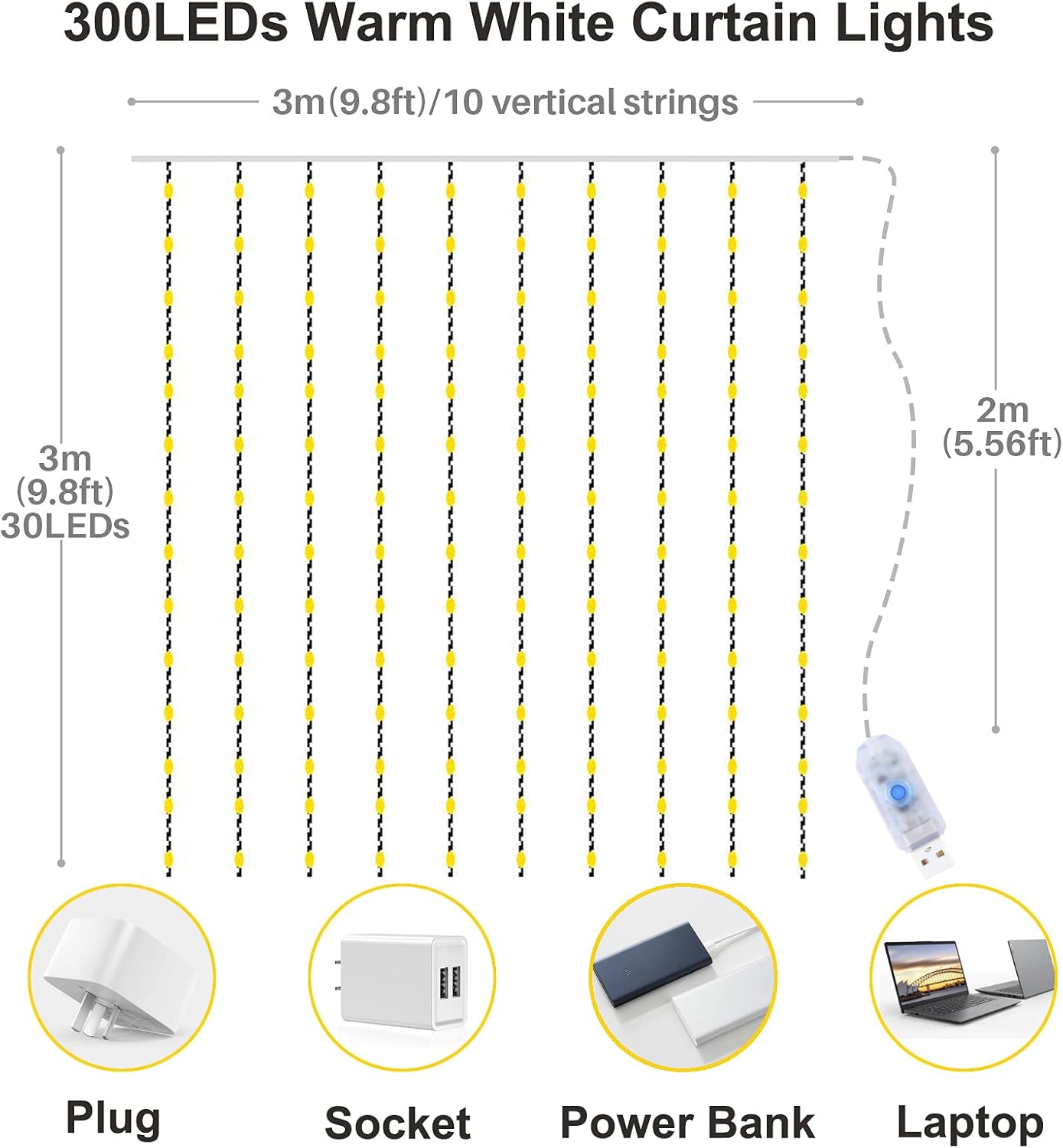 Rideau lumineux 3x3m chaîne lumineuse LED Rideau chaîne lumineuse LED avec 8 modes, 300LEDs, décoration étanche IP44 (blanc chaud) - 2
