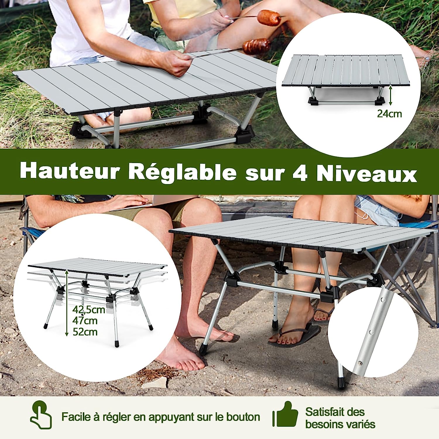 Tavolo da Campeggio Pieghevole in Alluminio, Altezza Regolabile a 4 Livelli, Tavolo da Picnic con Borsa, Peso Netto 4 kg，Tavolino da Esterno e - 5