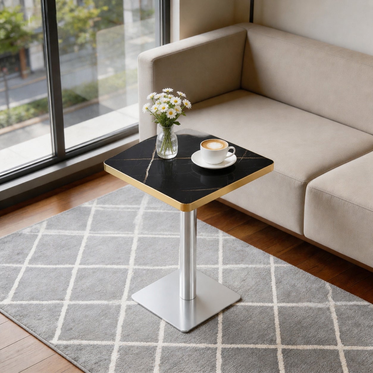 Table à manger carrée, plateau effet marbre, piètement design, 60 x 60 ...