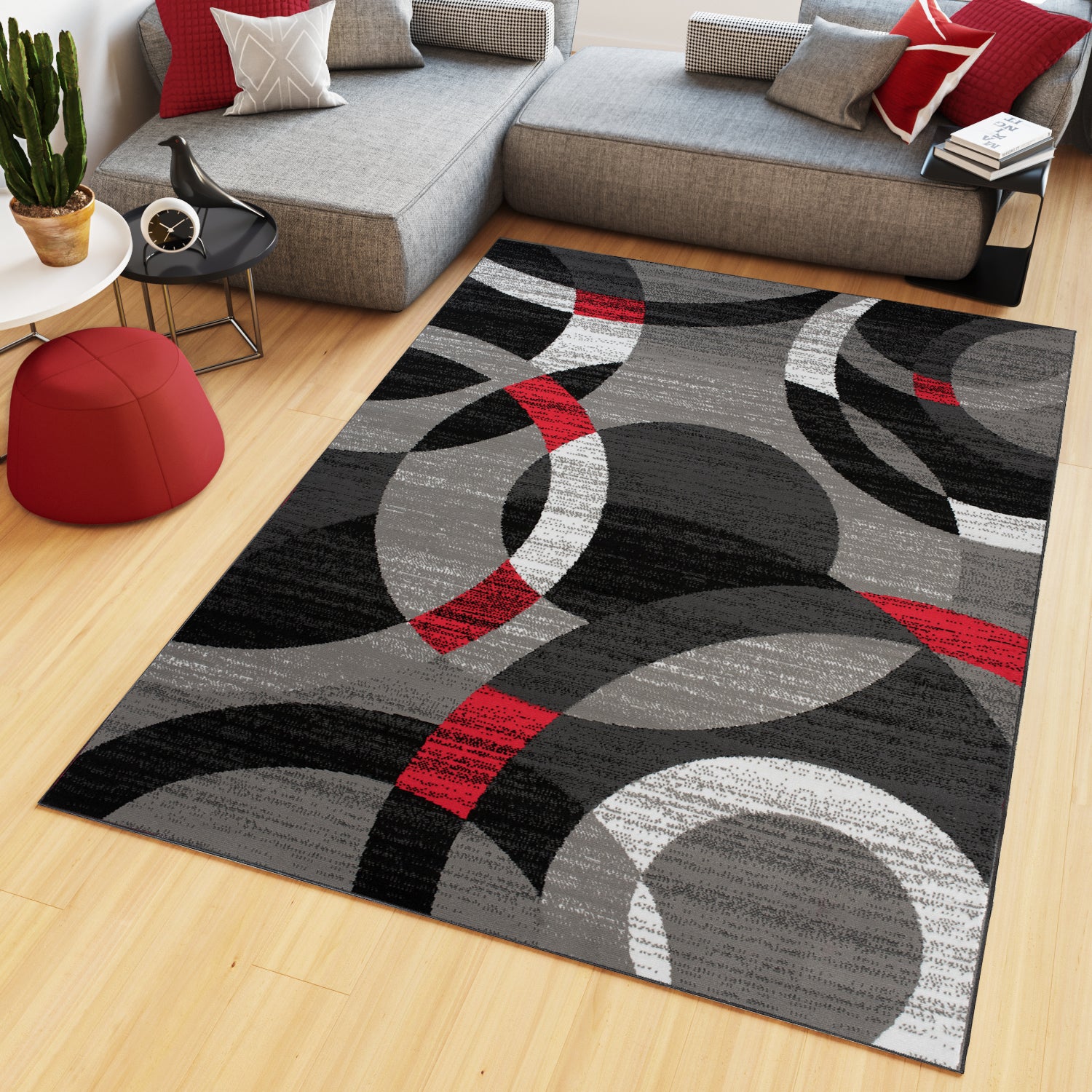 Tapiso maya alfombra de salón sala comedor diseño moderno gris negro rojo blanco geométrico círculos delgada 120 x 170 cm