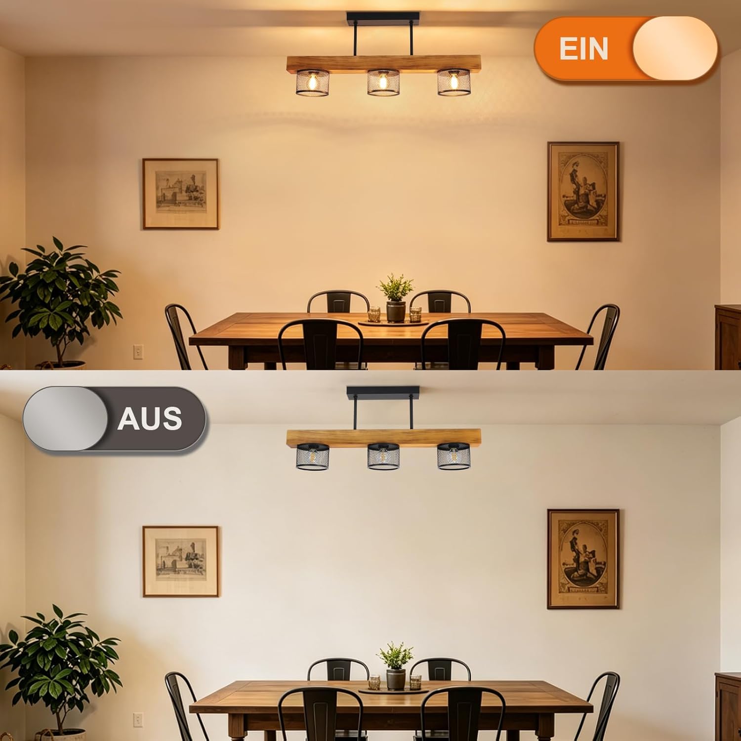 NETTLIFE Plafonnier Vintage Bois et Métal Noir, Lustre Industriel 3 Lampes E14, Luminaire de Plafond Cage pour Salon Cuisine Chambre (Sans Ampoule) - 7